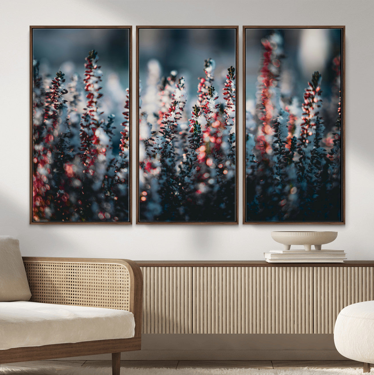 82063935-MGV-CV-36X24 - Winter Heather Wall Art Canvas Print, Frosted Floral Nature Art, Moody Botanical Wall Decor