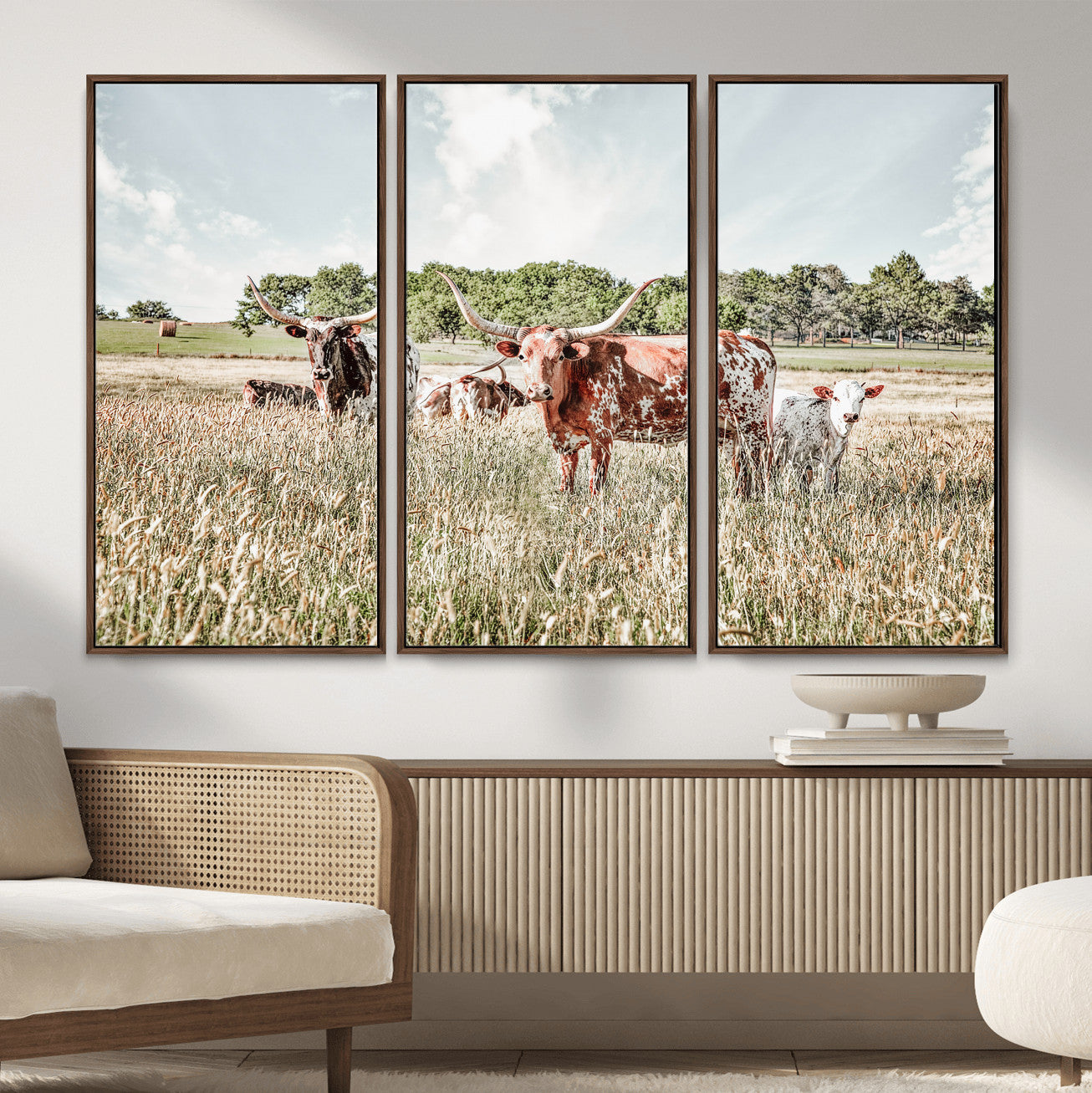 33963645-MGV-CV-36X24 - Texas Longhorn Cattle Wall Art Canvas Print, Western Ranch Landscape Nature Wall Decor for Living Room and Office
