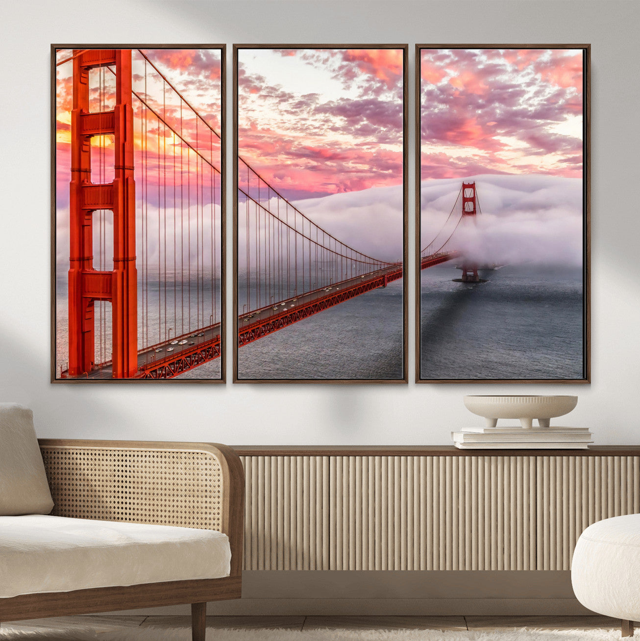 58813635-MGV-CV-36X24 - Golden Gate Bridge Wall Art Canvas Print, San Francisco City Landmark Wall Decor, Foggy Sunset Bridge Artwork, Modern Cityscape Canvas Wall Art, Framed Canvas Wall Art Ready to Hang