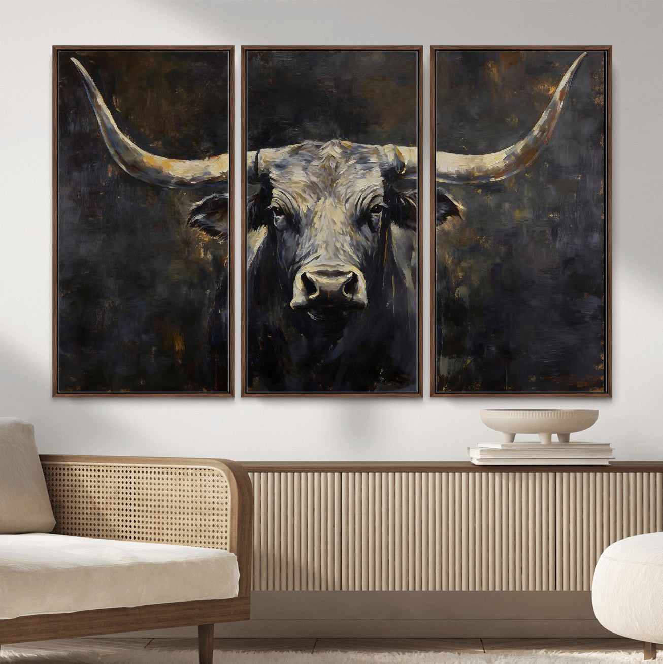 23103630-MGV-CV-36X24 - Rustic Longhorn Bull Wall Art Canvas Print – Vintage Western Cattle Artwork for Farmhouse, Ranch, Cabin, and Office Decor