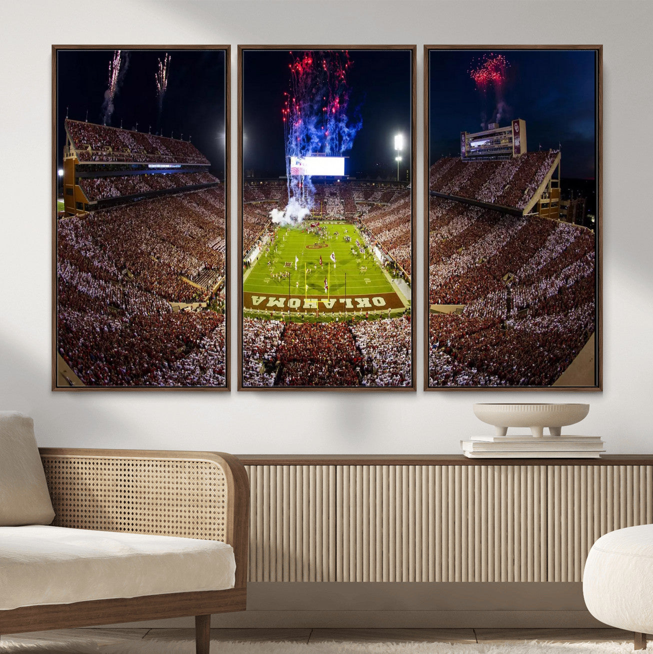 43197777-MGV-CV-36X24 - Oklahoma Memorial Stadium Wall Art Canvas Print – Oklahoma Sooners Football Artwork for Home, Office, and Sports Room Decor