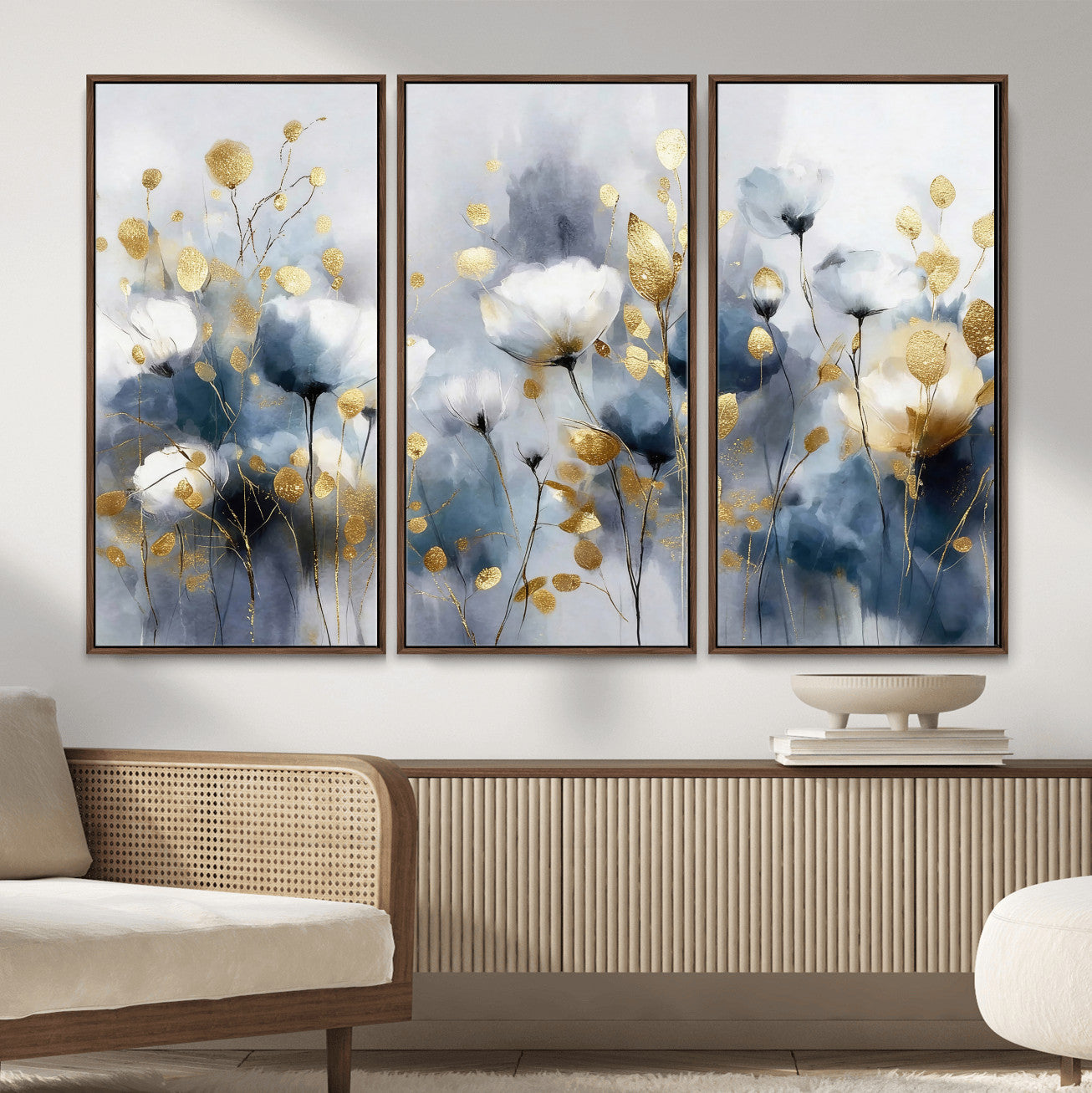 84358857-MGV-CV-36X24 - Large Abstract Flowers Wall Art Canvas Print – Gold and Blue Botanical Artwork for Living Room, Bedroom, and Office Decor