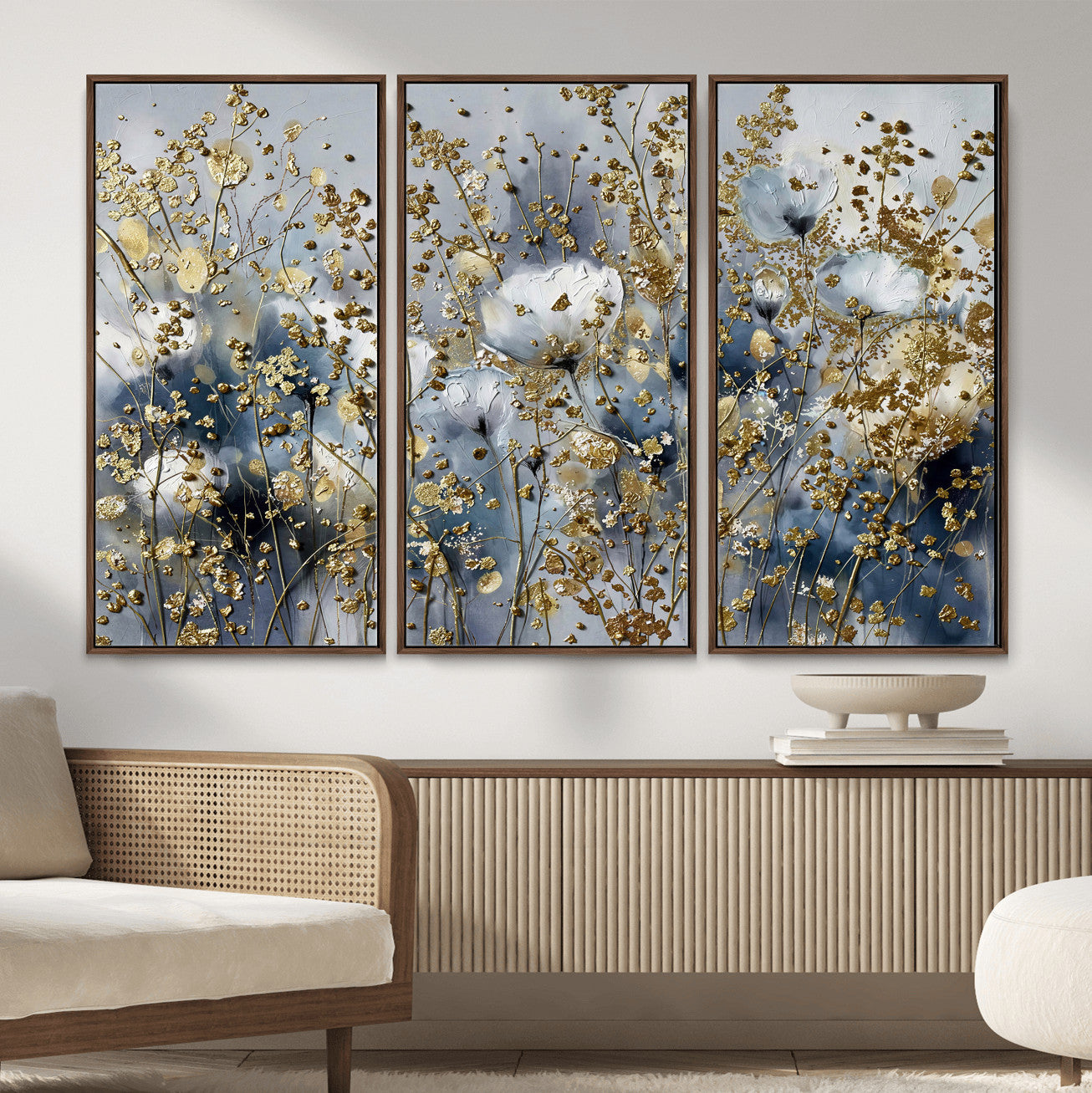 24499670-MGV-CV-36X24 - Abstract Floral Wall Art Canvas Print – Gold and Blue Botanical Artwork for Living Room, Bedroom, and Office Decor
