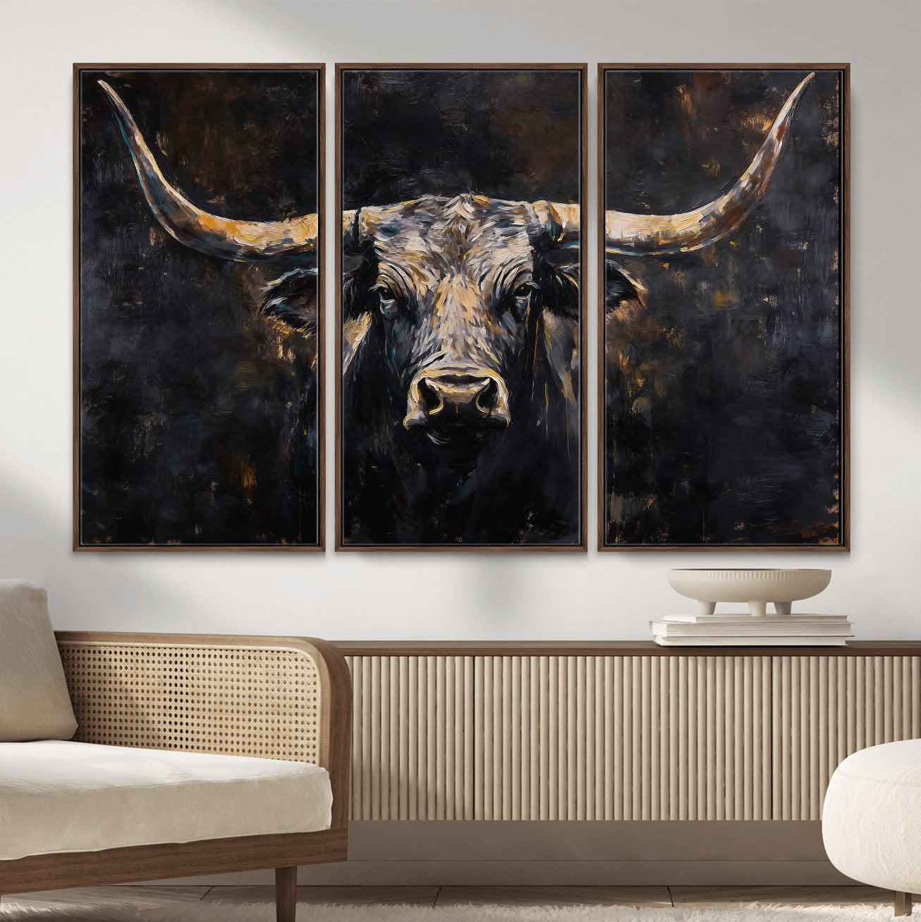 17622011-MGV-CV-36X24 - Abstract Longhorn Bull Wall Art Canvas Print – Dark Rustic Western Cattle Artwork for Farmhouse, Ranch, Cabin, and Office Decor