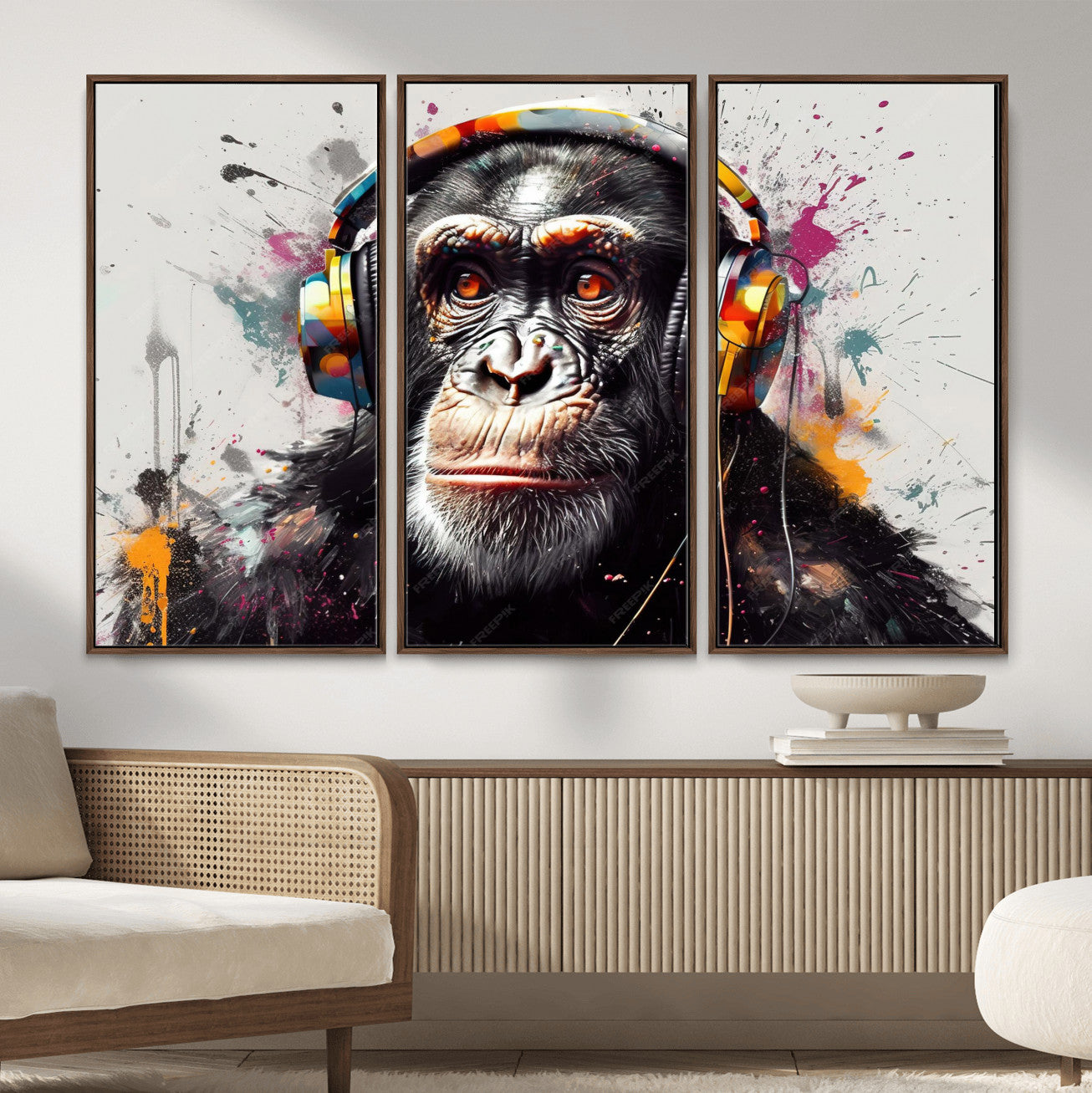 31244985-MGV-CV-36X24 - Dj Monkey Wall Art Canvas Print – Colorful Pop Art Banksy Graffiti Chimpanzee Print