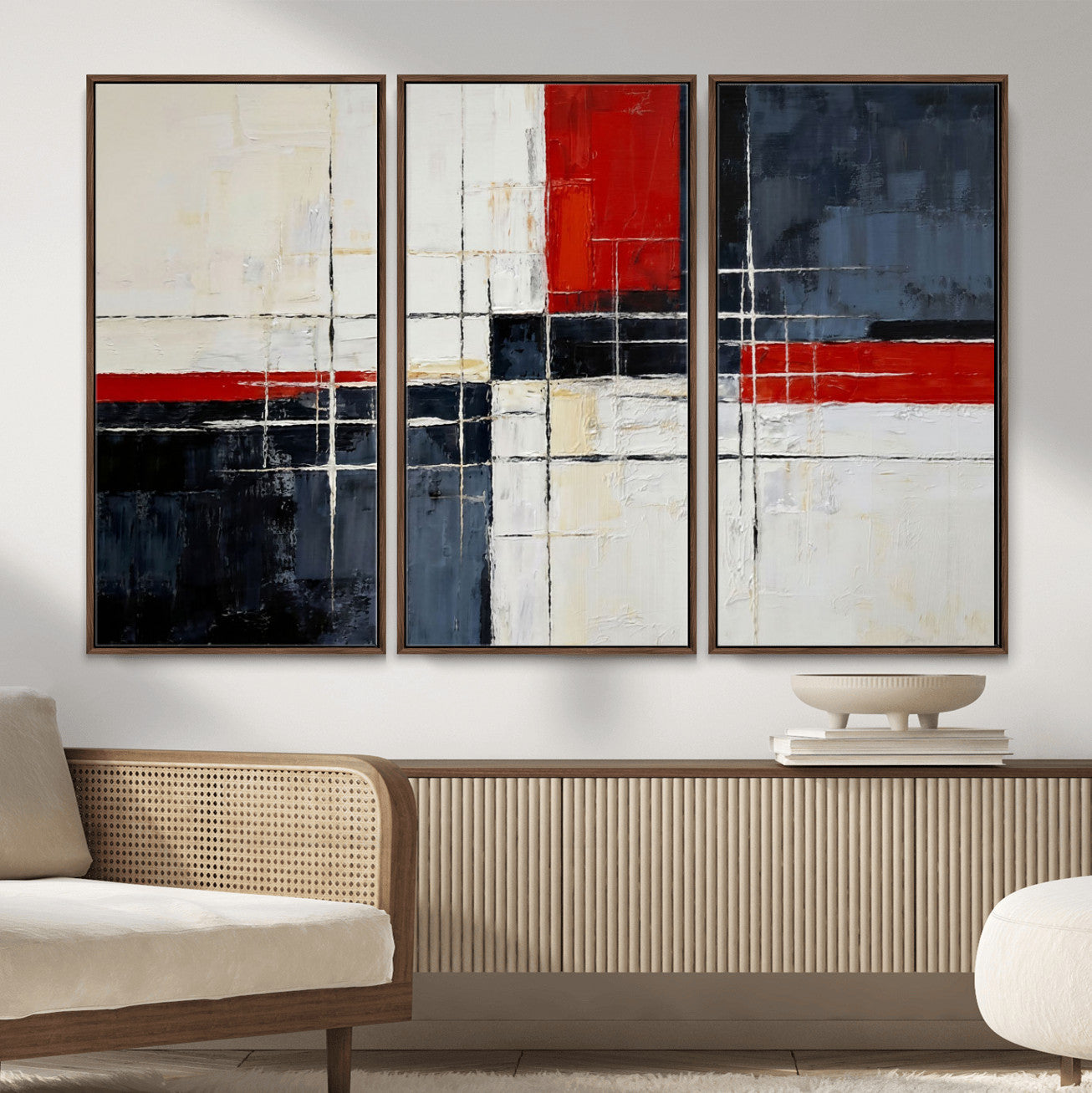 44088165-MGV-CV-36X24 - Navy Red Abstract Wall Art Canvas Print, Modern Luxury Geometric Painting Wall Decor for Living Room and Office