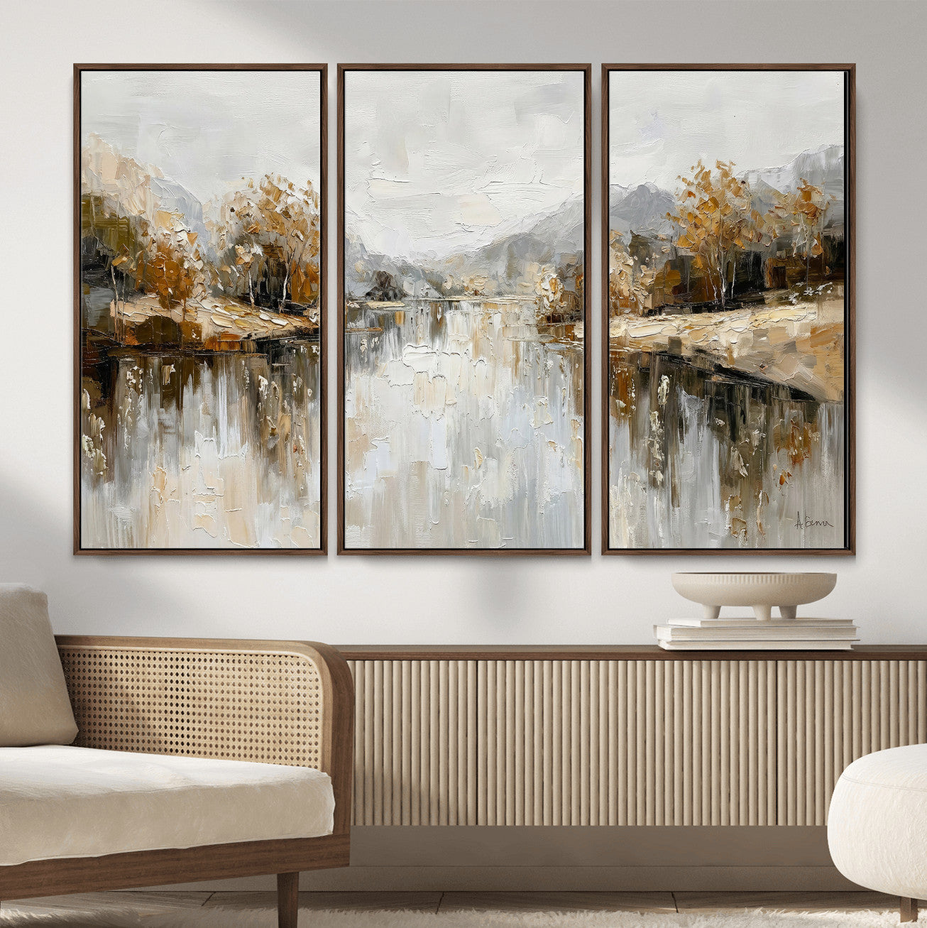 78227690-MGV-CV-36X24 - Neutral Abstract Lake Landscape Wall Art Canvas Print, Modern Minimal River Reflection Canvas Print, Beige Gray Contemporary Nature Art Printing