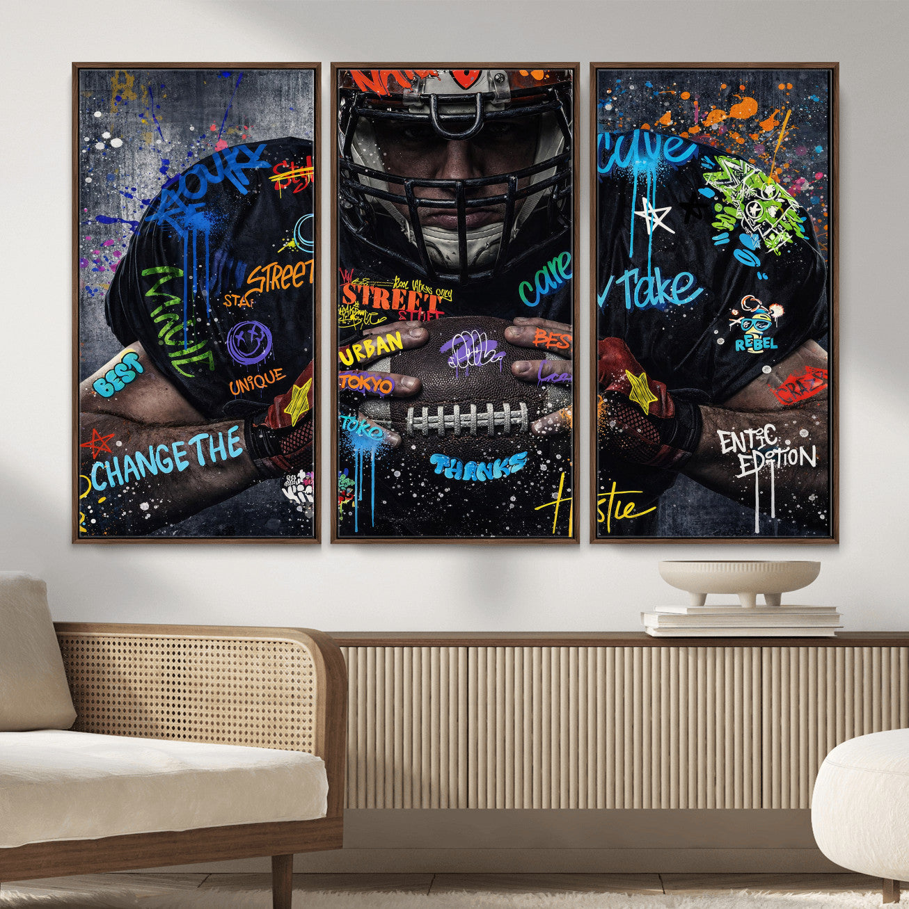 55267256-MGV-CV-36X24 - Graffiti American Football Player Street Art Wall Art Canvas Print, Urban Sports Pop Art Football Canvas Print, Modern Athletic Graffiti Contemporary Art Printing
