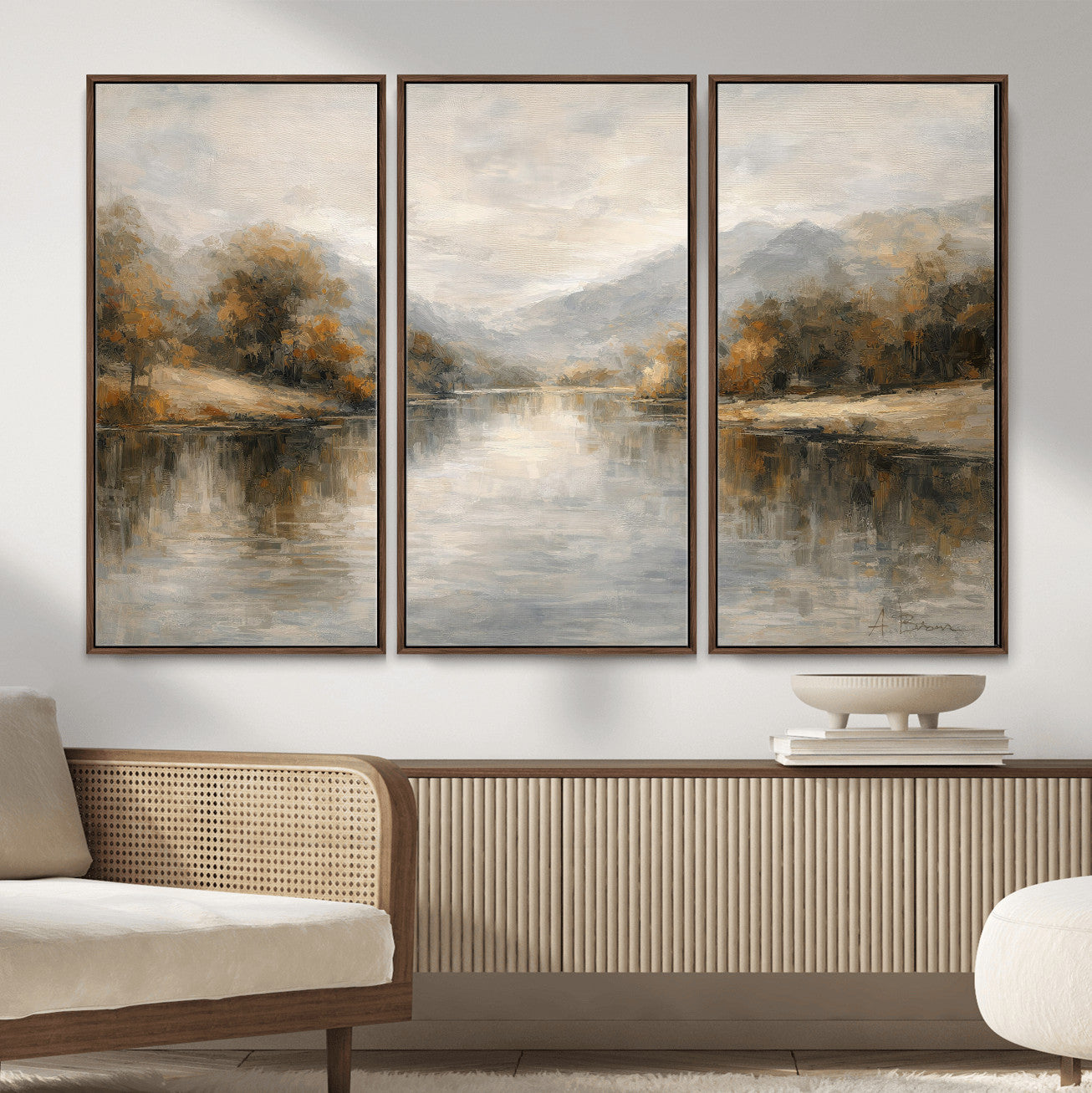 29251761-MGV-CV-36X24 - Neutral Abstract River Landscape Wall Art Canvas Print, Modern Minimal Nature Reflection Canvas Print, Beige Gray Contemporary Mountain Art Printing