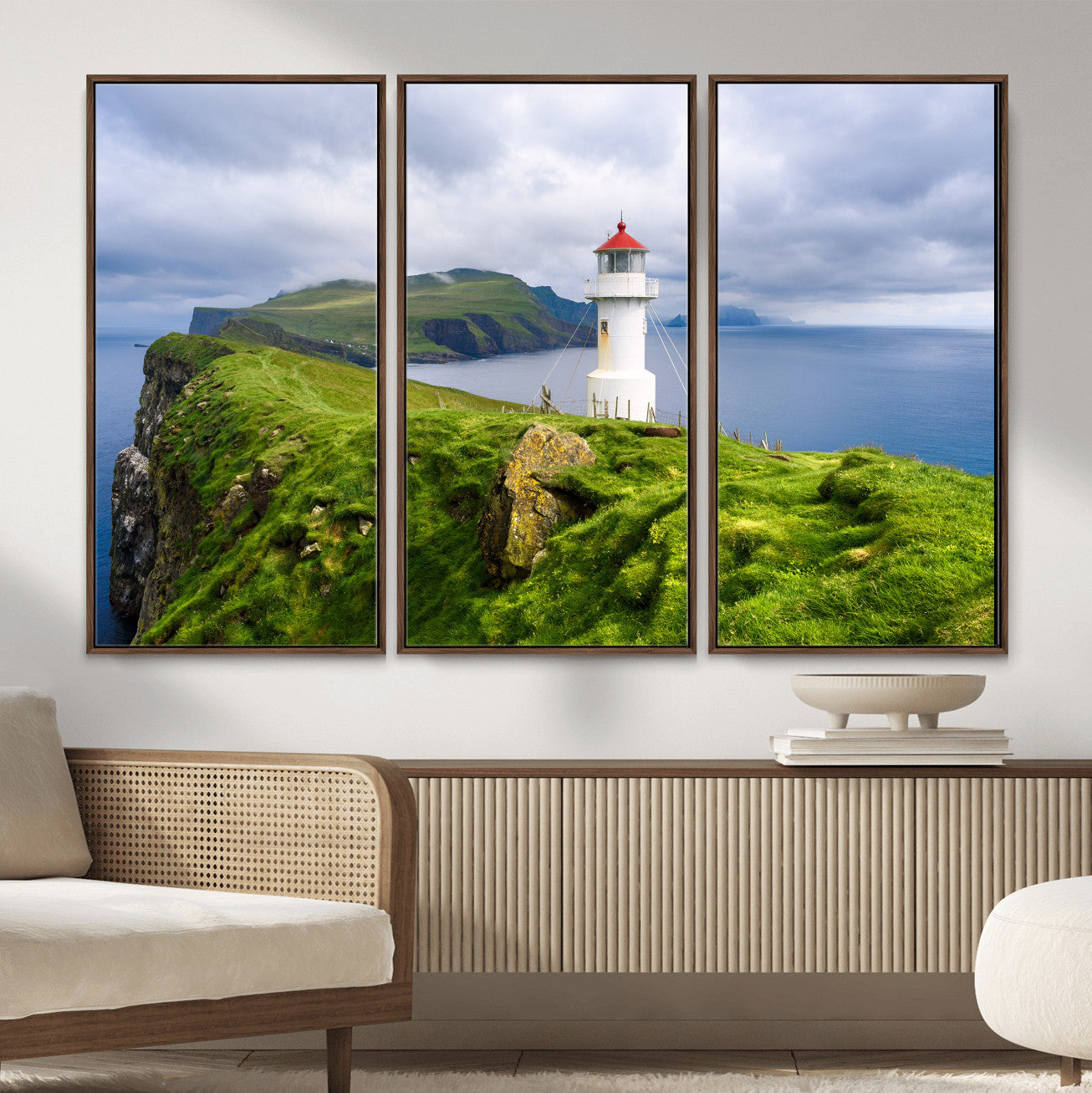 10680390-MGV-CV-36X24 - Coastal Lighthouse Wall Art Canvas Print, Cliffside Ocean Landscape Canvas Print, Scandinavian Coastal Decor for Living Room