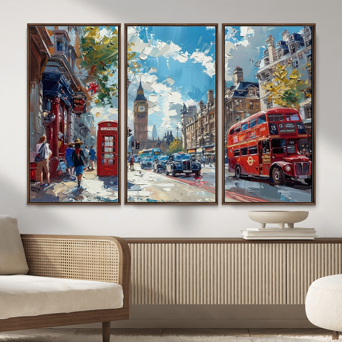 17630888-MGV-CV-36X24 - Modern London City Street Wall Art Canvas Print, Big Ben & Red Bus Artwork Canvas Print