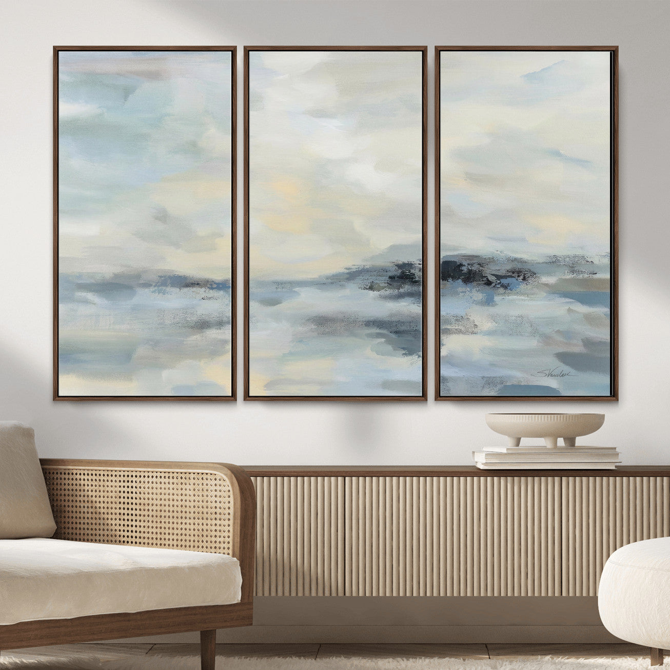 24647355-MGV-CV-36X24 - Abstract Coastal Landscape Wall Art Canvas Print – Soft Blue Gray Minimalist Painting