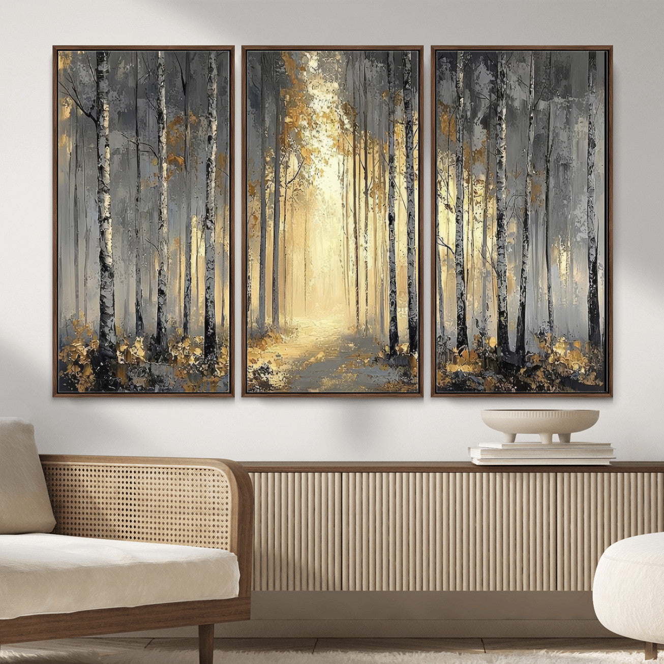 41017042-MGV-CV-36X24 - Abstract Birch Forest Wall Art Canvas Print – Modern Neutral Woodland Landscape Artwork for Living Room Decor