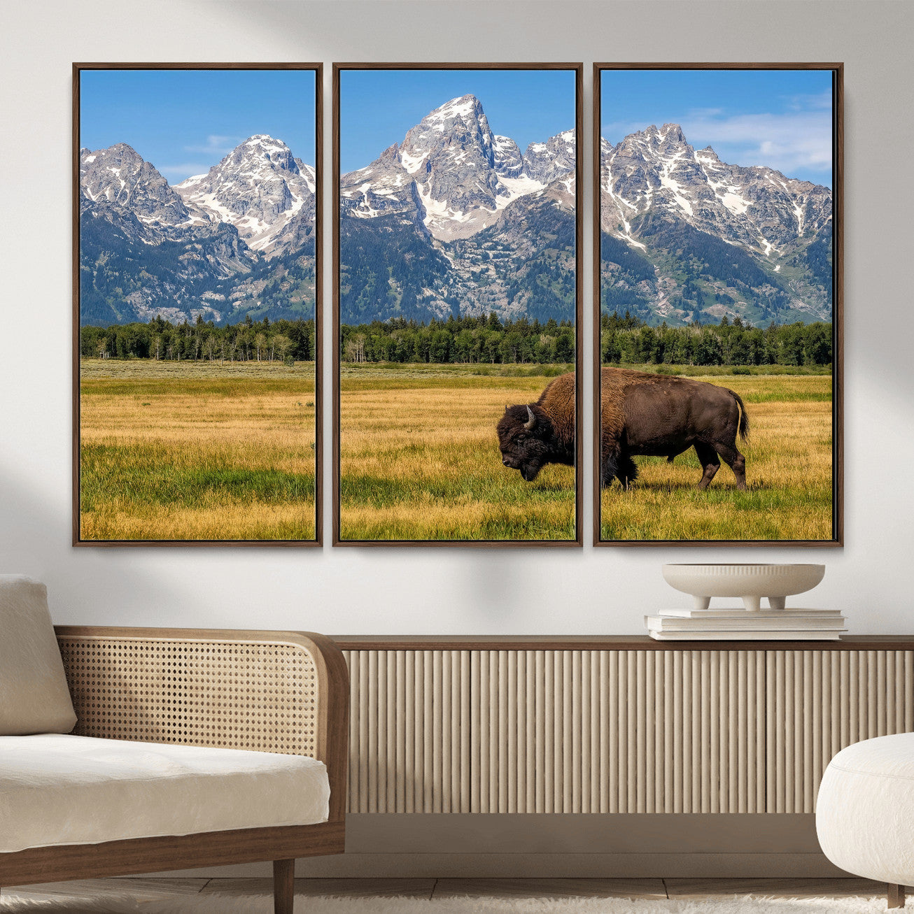 20424529-MGV-CV-36X24 - Bison in Mountain Landscape Wall Art Canvas Print – Western Wildlife Artwork for Rustic Living Room Decor