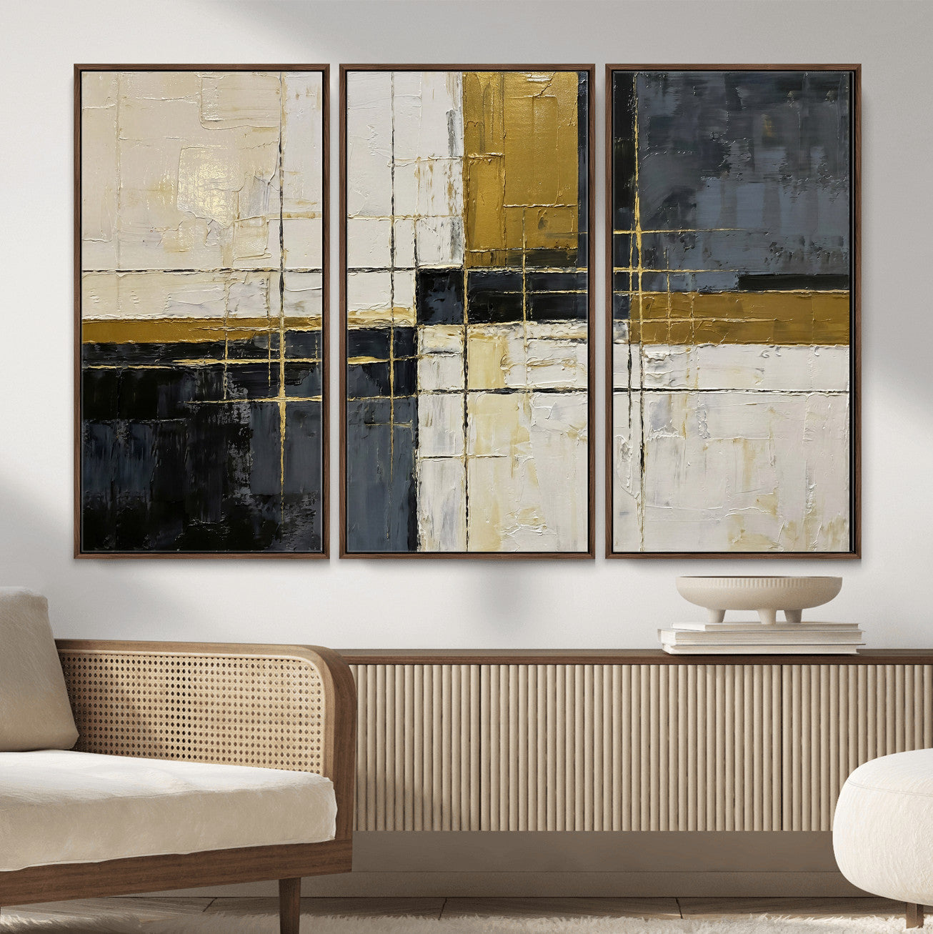36097945-MGV-CV-36X24 - Abstract Gold and Black Wall Art Canvas Print – Modern Geometric Neutral Artwork for Living Room Decor