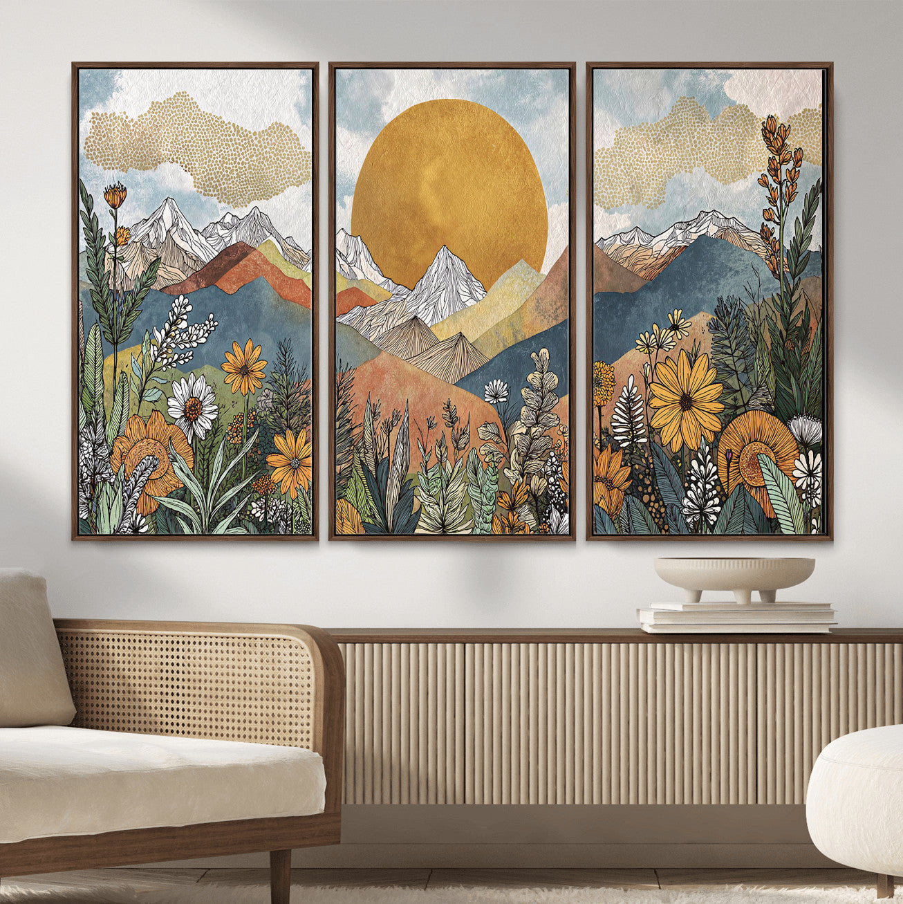 17540863-MGV-CV-36X24 - Boho Mountain Landscape Large Wall Art, Horizontal Gold Framed Canvas Print with Sun and Flowers