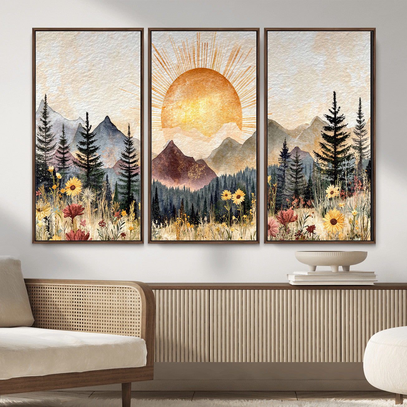 69025244-MGV-CV-36X24 - Boho Mountain Landscape Large Wall Art, Horizontal Gold Framed Canvas Print with Sun and Flowers