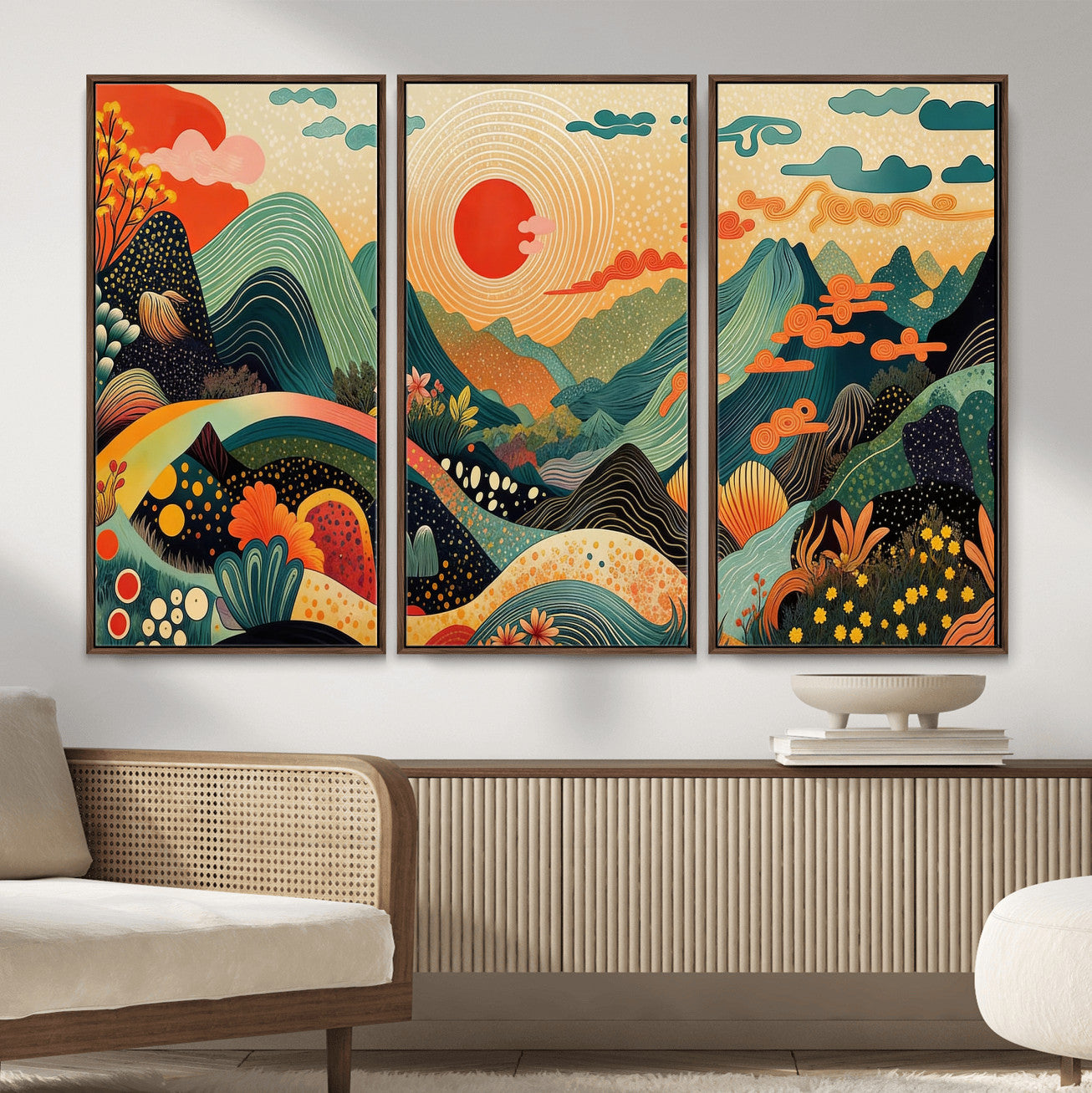 29927191-MGV-CV-36X24 - Yayoi Kusama Boho Mountain Landscape Large Wall Art, Horizontal Gold Framed Canvas Print with Sun and Flowers