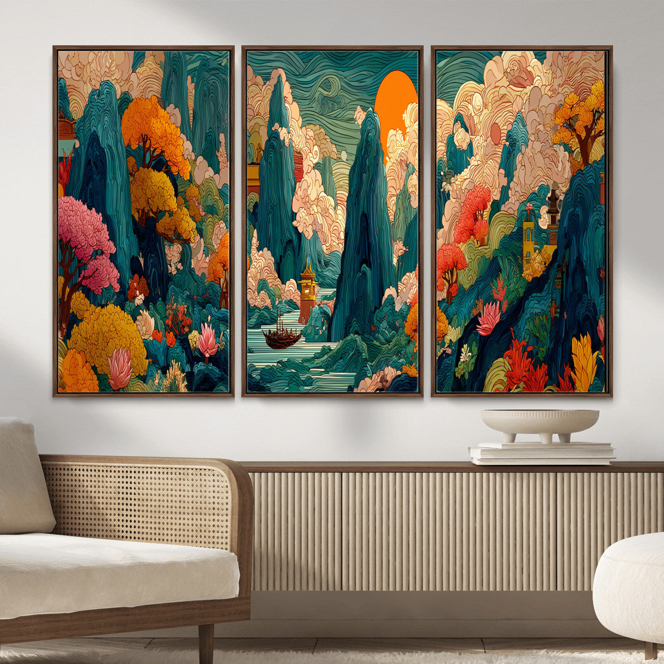 90422518-MGV-CV-48X32-3P - Colorful Japanese Landscape Print: Maximalist Panoramic Wall Art