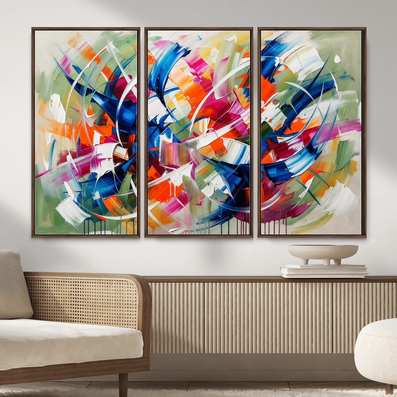 15032888-MGV-CV-36X24 - Geometric Abstract Wall Art Canvas Print, Orange Blue Abstract Expressionist Painting Print, Modern Geometric Abstract Canvas Art