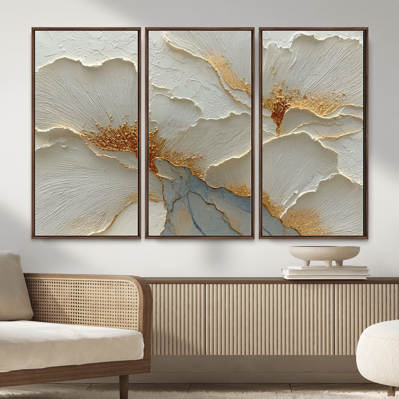 4712069F1-MGV-CV-36X24 - White Gold Floral Canvas Wall Art — Textured Flower Print | Luxury Botanical Decor | Elegant Bedroom Art | Gold Leaf Wall Art Gift