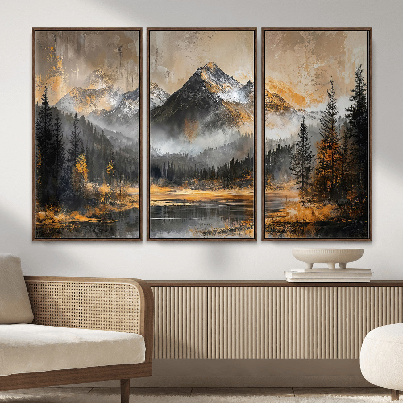 4712069D1-MGV-CV-36X24 - Mountain Lake Canvas Wall Art — Rustic Forest Landscape Print | Gold Grey Nature Decor | Cabin Wall Art | Large Wilderness Art Print Gift
