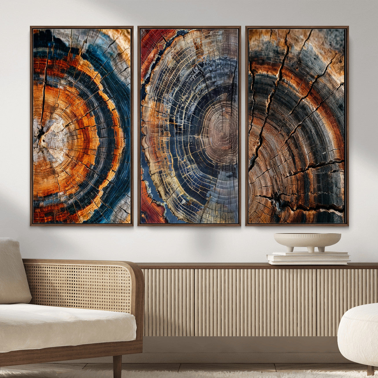 4712069W1-MGV-CV-48X32-3P - Tree Ring Triptych Canvas Wall Art — Set of 3 Wood Grain Print | Rustic Nature Decor | Earth Tone Wall Art | Unique Living Room Art Gift