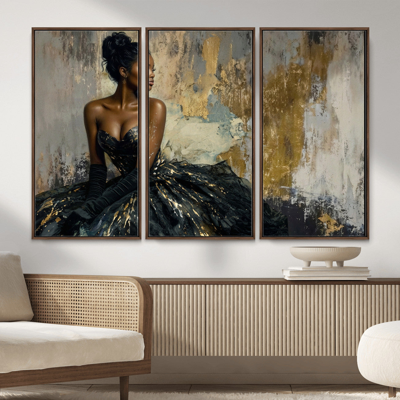 4712069Z1-MGV-CV-36X24 - Elegant Woman Canvas Wall Art — Black Gold Gown Fashion Print | Luxury Glam Wall Decor | African American Art | Bold Bedroom Wall Art Gift