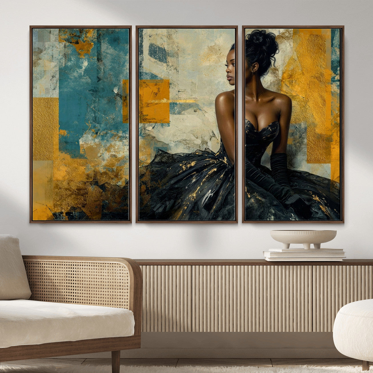 4712069Z21-MGV-CV-36X24 - Elegant Woman Canvas Wall Art — Black Gold Gown Fashion Print | Luxury Glam Wall Decor | African American Art | Bold Bedroom Wall Art Gift