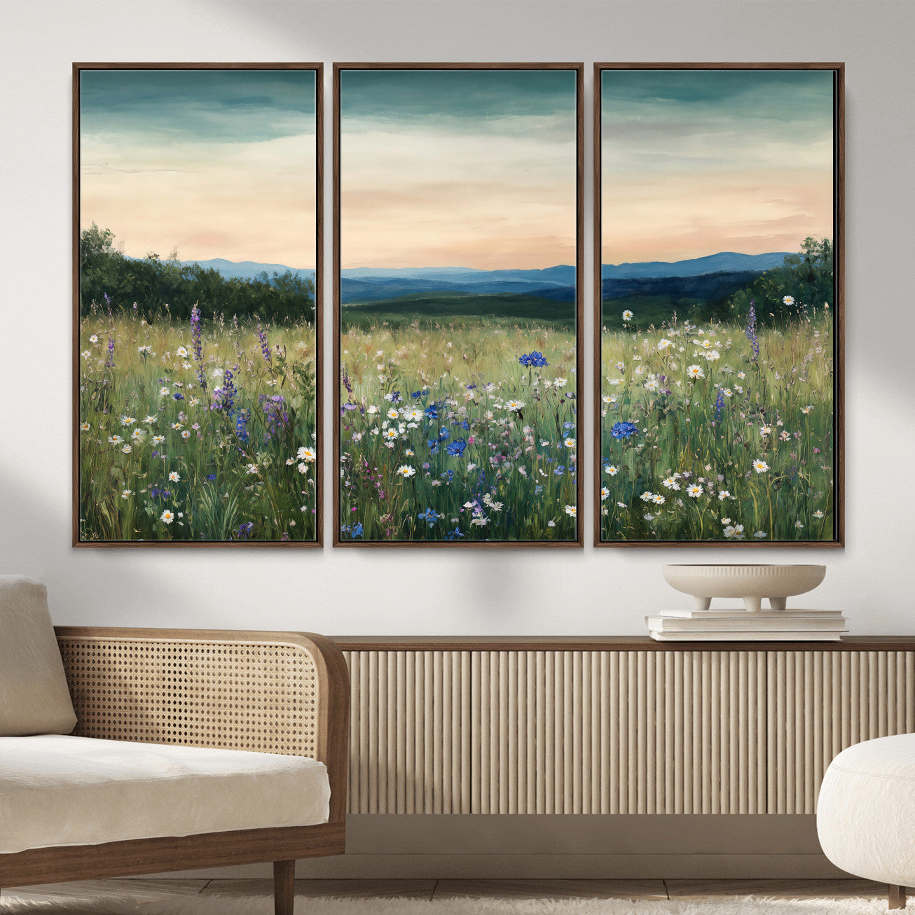 35773805-MGV-CV-36X24 - Wildflower Meadow Oil Painting Canvas Print - Daisy Lavender Mountain Sunset Print | Cottagecore Floral Wall Art - Bedroom Decor Gift for Her