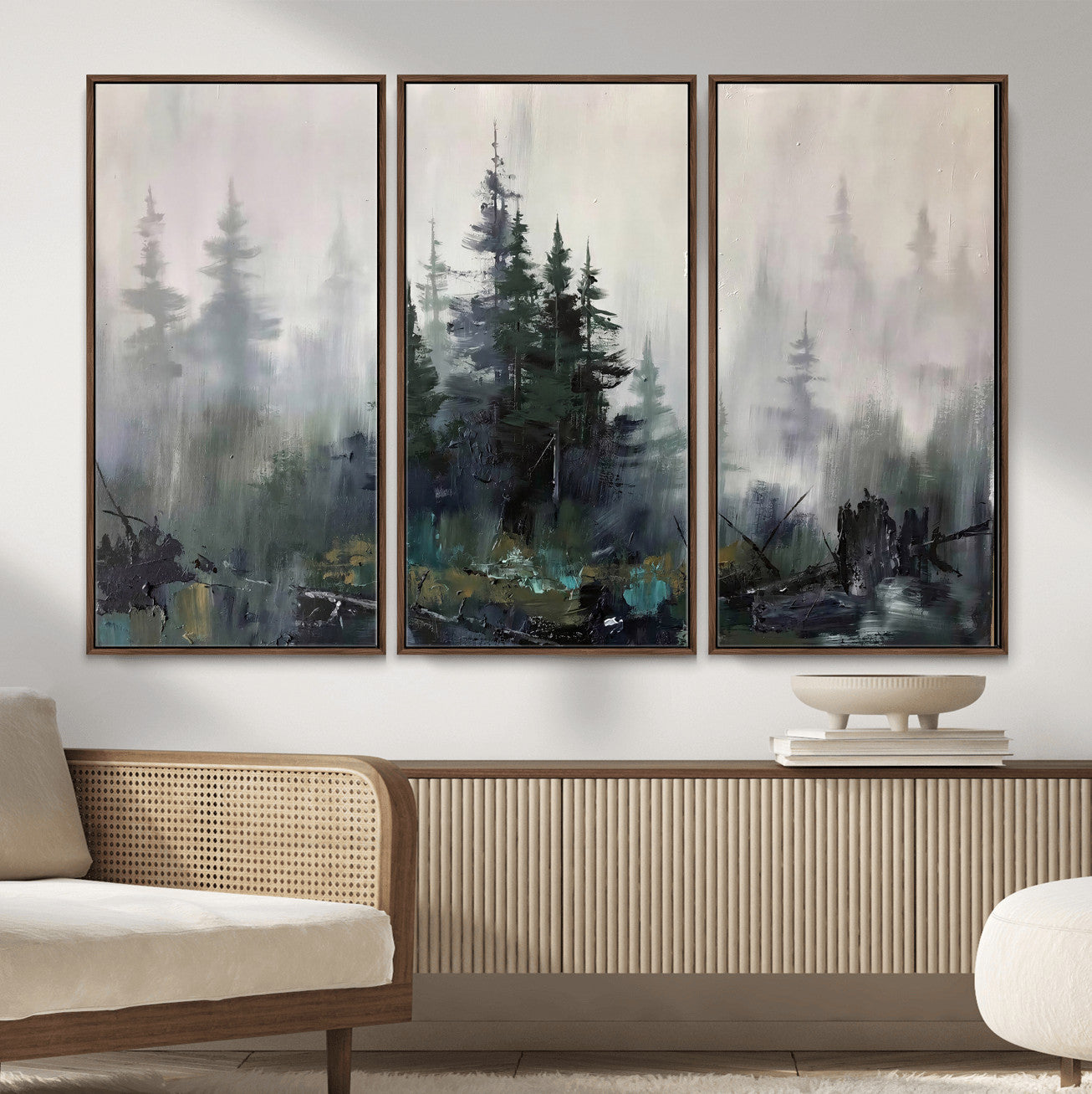 94143325-MGV-CV-36X24 - Misty Pine Forest Oil Painting Canvas — Dark Moody Teal Grey Tree Print | Japandi Scandinavian Wall Art | Minimalist Nature Decor Gift