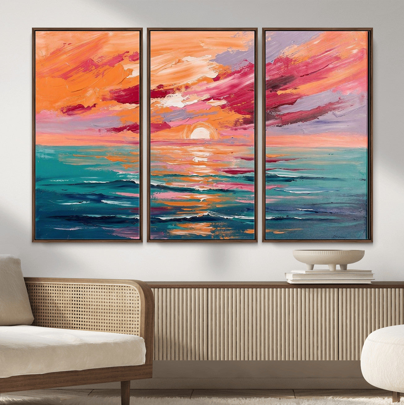 26763902-MGV-CV-36X24 - Bold Palette Knife Ocean Sunset Canvas — Orange Pink Teal Expressionist Sea Print | Colorful Coastal Wall Art | Vibrant Beach Decor Gift