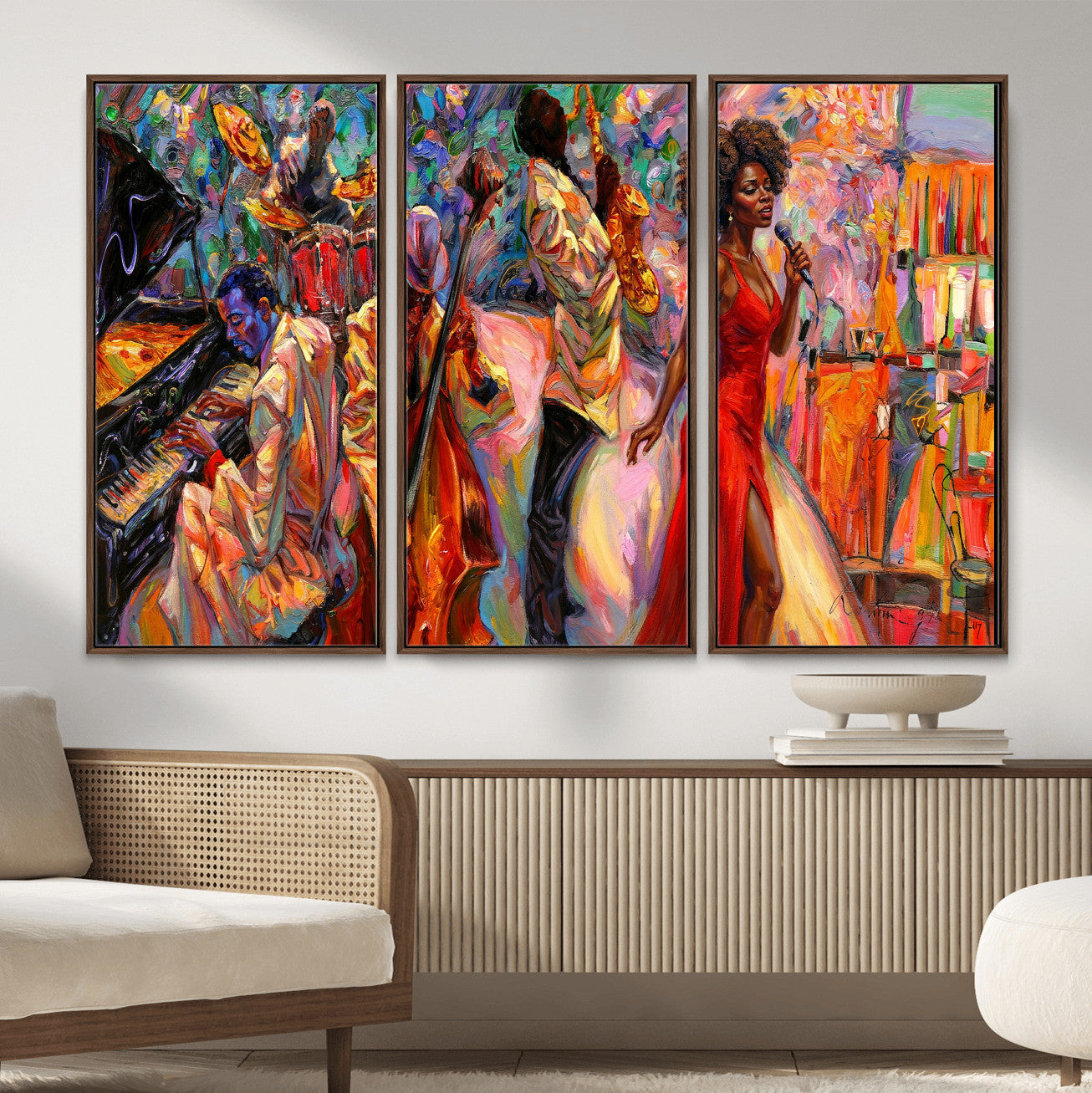 72615137-MGV-CV-36X24 - African American Jazz Singer Canvas Art - Red Dress Black Woman Music Print | Colorful Jazz Band Wall Decor | Living Room Gift for Her