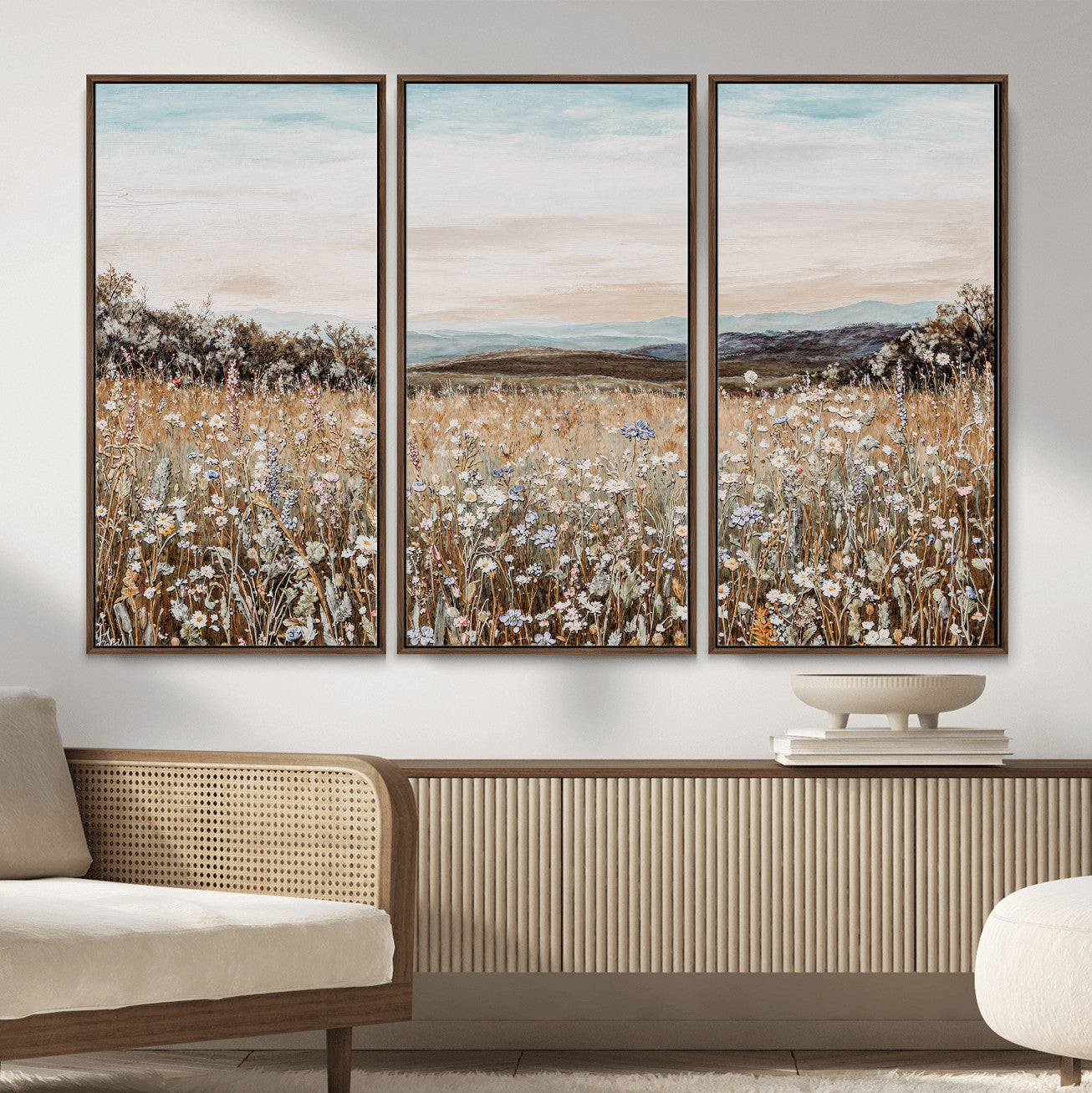 F35773805-MGV-CV-36X24 - Neutral Wildflower Field Canvas Wall Art — Beige Earth Tone Botanical Meadow Print | Farmhouse Boho Decor | Bedroom Living Room Gift Her