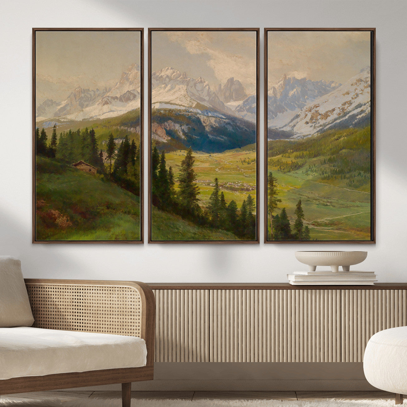 23120262-MGV-CV-36X24 - Konrad Petrides Sexten Village Canvas Print, Alpine Mountain Valley Painting, Dolomites Landscape Art