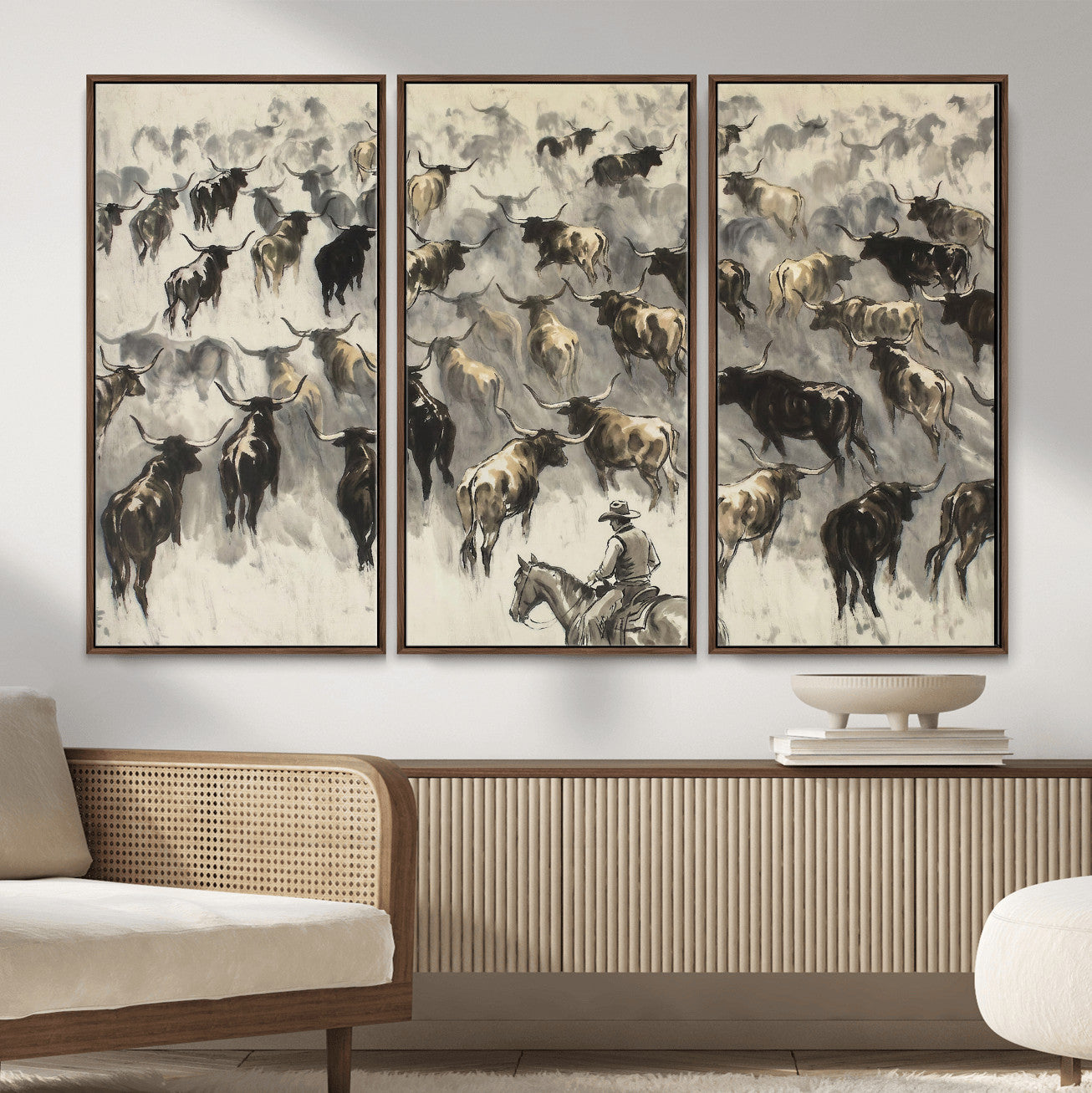 48049876-MGV-CV-36X24 - Cowboy Cattle Drive Canvas Wall Art, Western Longhorn Herd Ink Painting Print, Ranch Rodeo Decor, Black White Western Art, Large Living Room Art