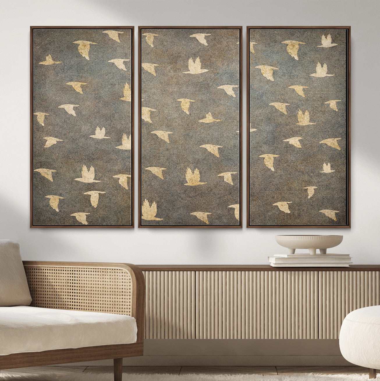 74076164-MGV-CV-36X24 - Flying Birds Canvas Wall Art, Vintage Bird Flock Pattern Print, Grey Gold Abstract Nature Decor, Rustic Bird Silhouette Art, Boho Living Room Decor
