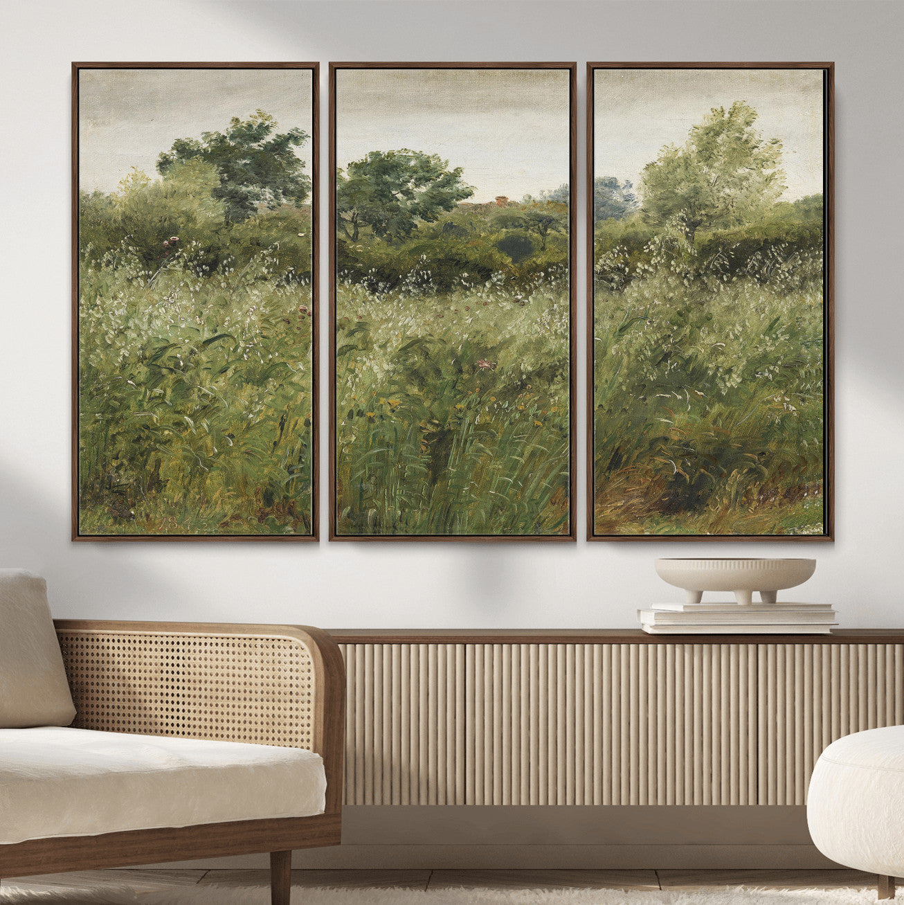 92328261-MGV-CV-36X24 - Wildflower Meadow Canvas Wall Art, Impressionist Overgrown Field Painting Print, Vintage Green Nature Decor, Cottagecore Botanical Art, Living Room Print