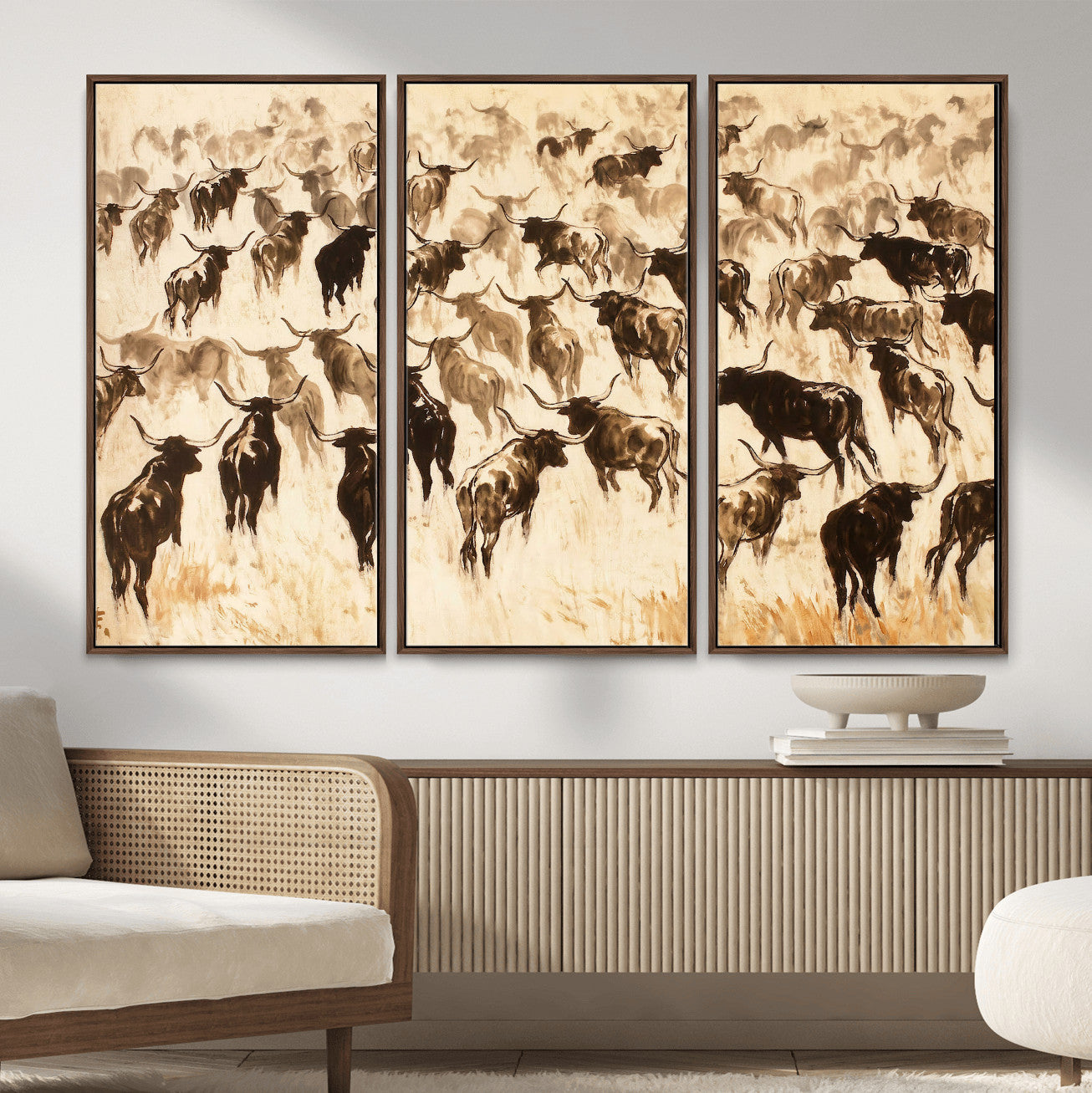 39077774-MGV-CV-36X24 - Texas Longhorn Sepia Canvas Wall Art, Western Cattle Stampede Painting Print, Warm Amber Ranch Decor, Rustic Cowboy Home Art, Large Living Room Decor
