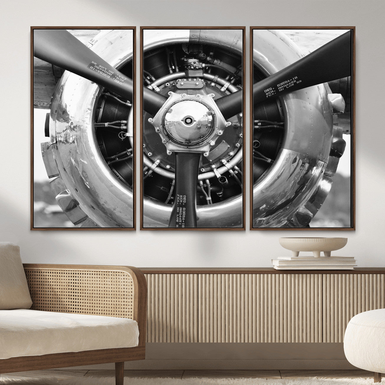 73322230-MGV-CV-36X24 - Vintage Propeller Plane Wall Art Canvas Print, Black and White Airplane Engine Close Up Framed Aviation Artwork for Pilot Office Hangar Decor