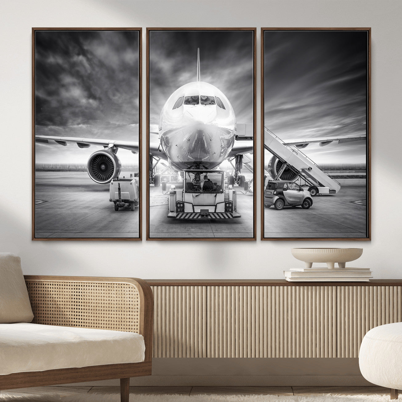 85885848-MGV-CV-36X24 - Airplane Wall Art Canvas Print, Black and White Jet Aircraft Airport Runway Framed Aviation Artwork for Pilot Office Hangar Travel Decor