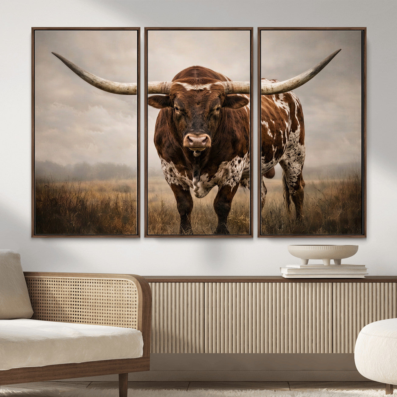 25239047-MGV-CV-36X24 - Texas Longhorn Canvas Wall Art Western Bull Desert Moody Grey Overcast Rustic Farmhouse Framed Large for Living Room Bedroom Office Decor
