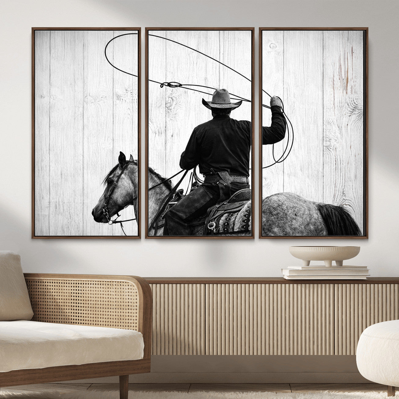 22569358-MGV-CV-36X24 - Cowboy Lasso Canvas Wall Art, Black White Western Horse Photo Print, Rustic Ranch Rodeo Decor, Farmhouse Western Art, Cowboy Gift for Him