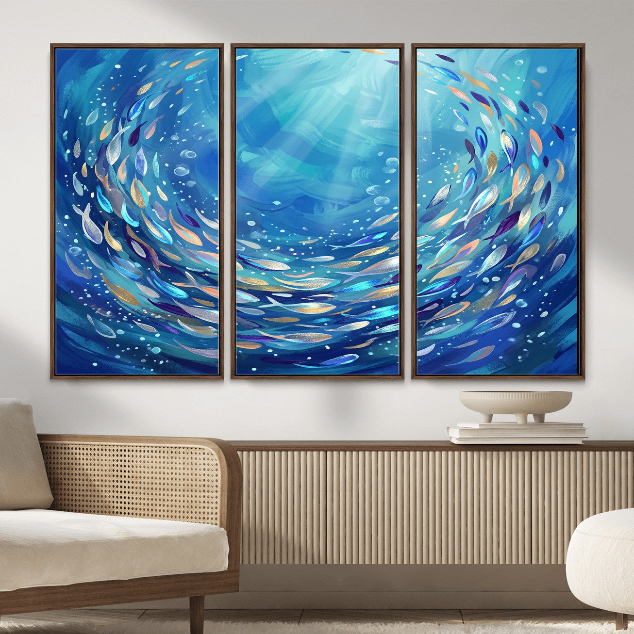 78699899-MGV-CV-36X24 - School of Fish Canvas Print | Blue Ocean Underwater Wall Art | Swirling Fish Shoal Illustration | Marine Navy Coastal Decor