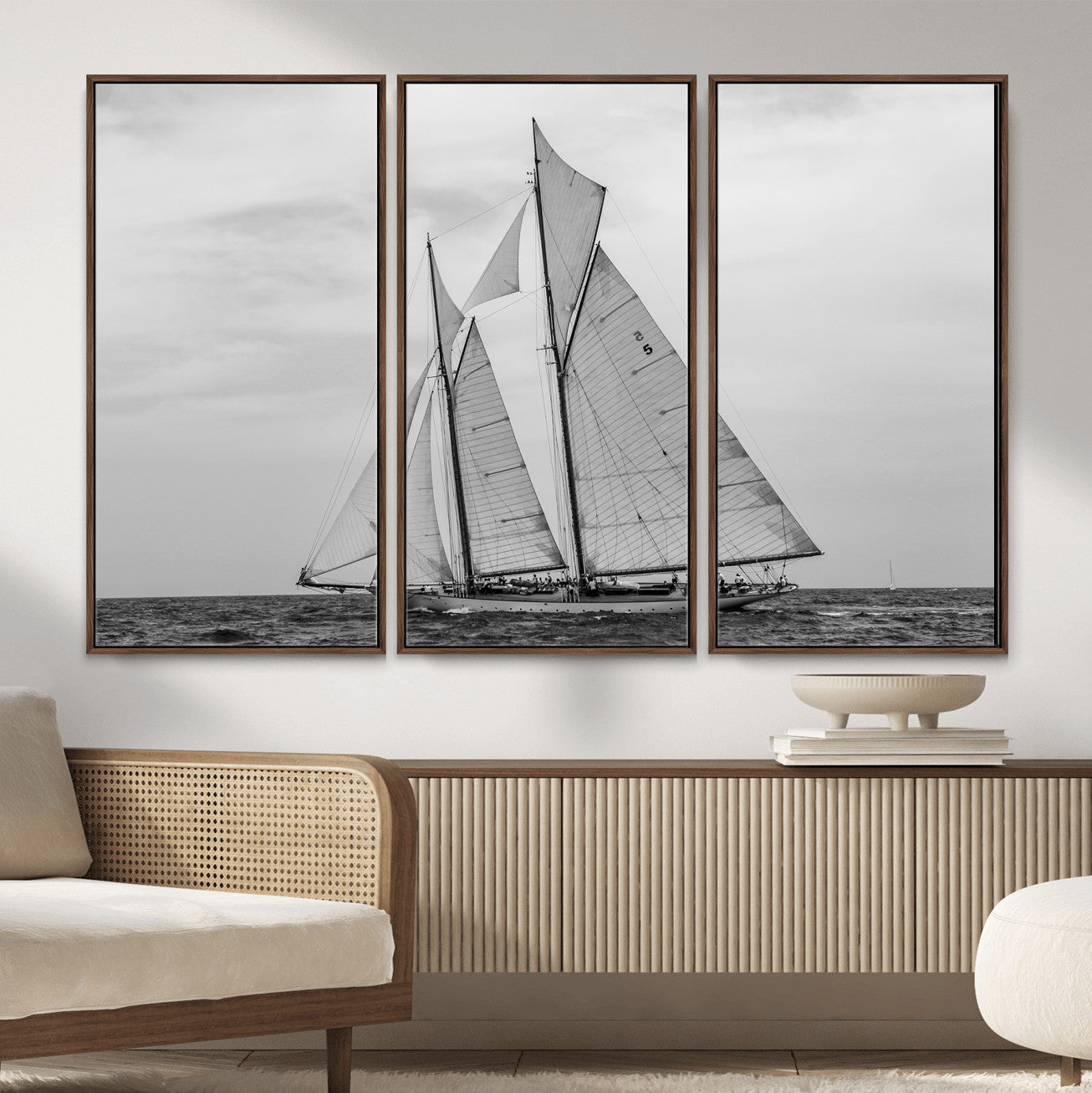 52882918-MGV-CV-36X24 - Vintage Sailboat Wall Art Canvas Print, Black and White Schooner Framed Artwork, Nautical Ocean Sailing Decor for Living Room Office Beach House