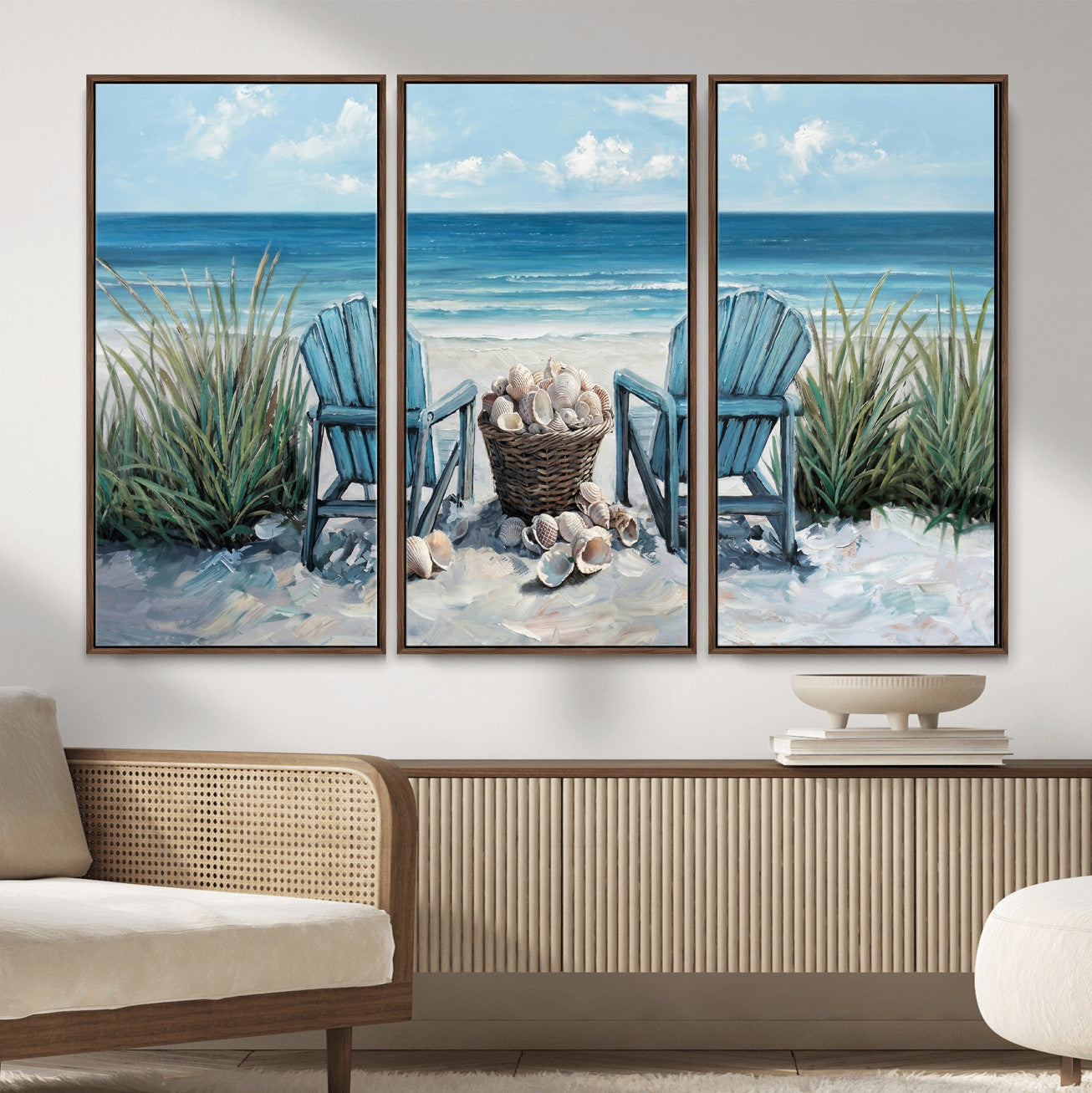 11973028-MGV-CV-36X24 - Beach Canvas Wall Art Coastal Adirondack Chairs Ocean Seashells Blue Nautical Framed Large for Living Room Bedroom Bathroom Decor