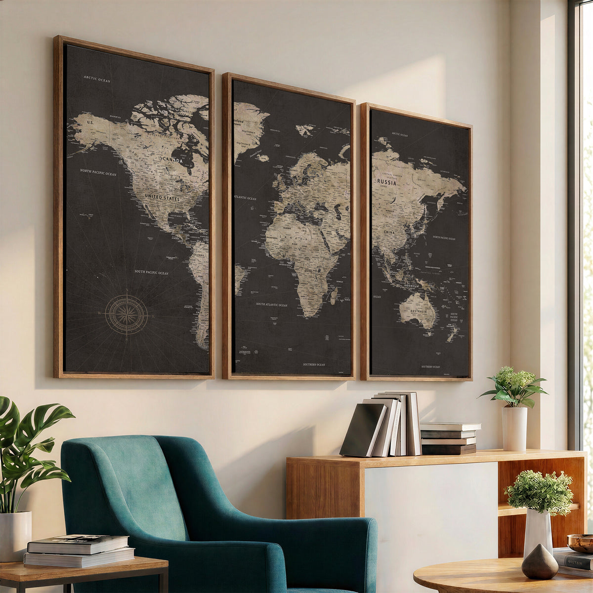 56556018136-MGV-CV-36X24 - World Map Canvas Wall Art, Dark Charcoal and Antique Tan Detailed Map