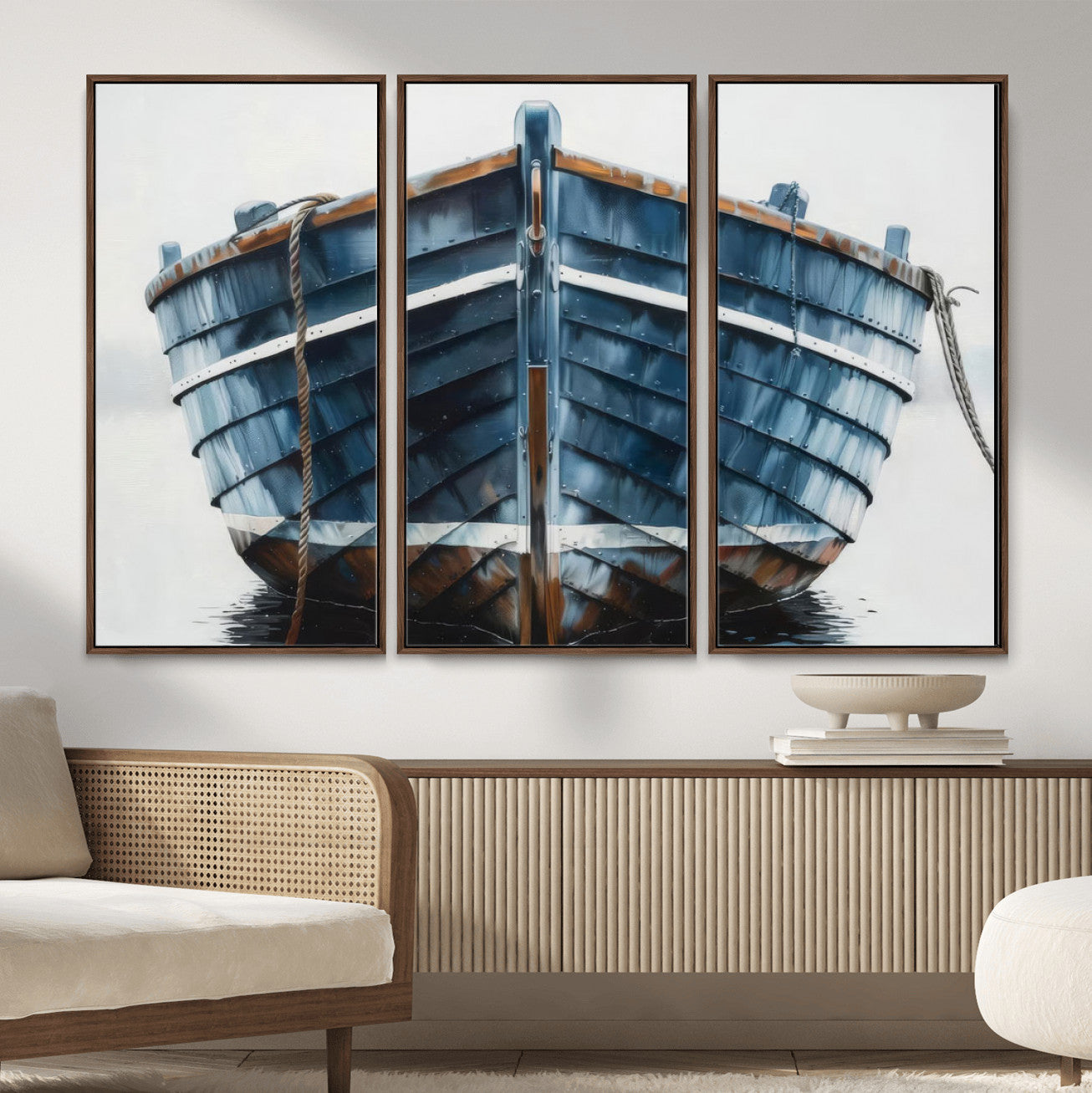21601740-MGV-CV-36X24 - Blue Wooden Rowboat Canvas Wall Art, Coastal Nautical Boat Painting Print for Lake Beach House Decor, Minimalist Maritime Decor Artwork
