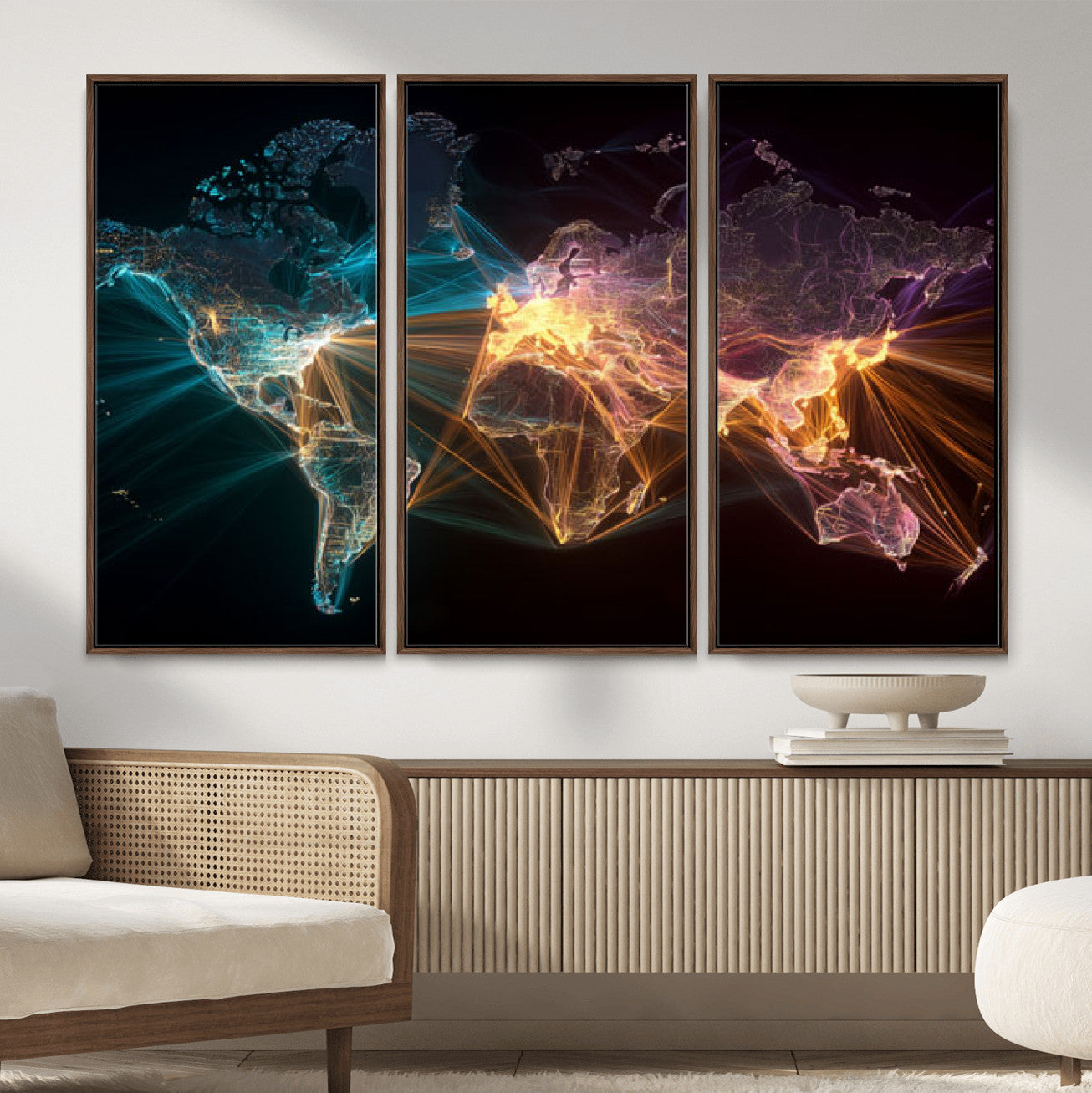 14891737-MGV-CV-36X24 - World Map and Global Flight Routes Map Canvas Wall Art, Worldwide Aviation Network Print, International Air Travel Wall Decor