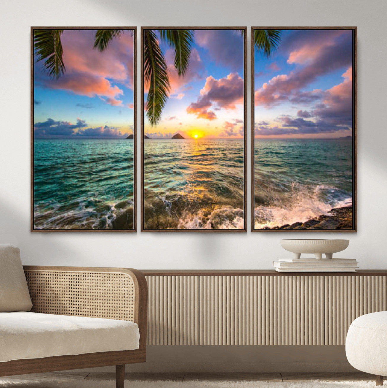 13207742-MGV-CV-36X24 - Hawaii Beach Sunset Canvas Wall Art Print, Tropical Ocean Landscape Artwork, Palm Tree Coastal Decor for Living Room Bedroom